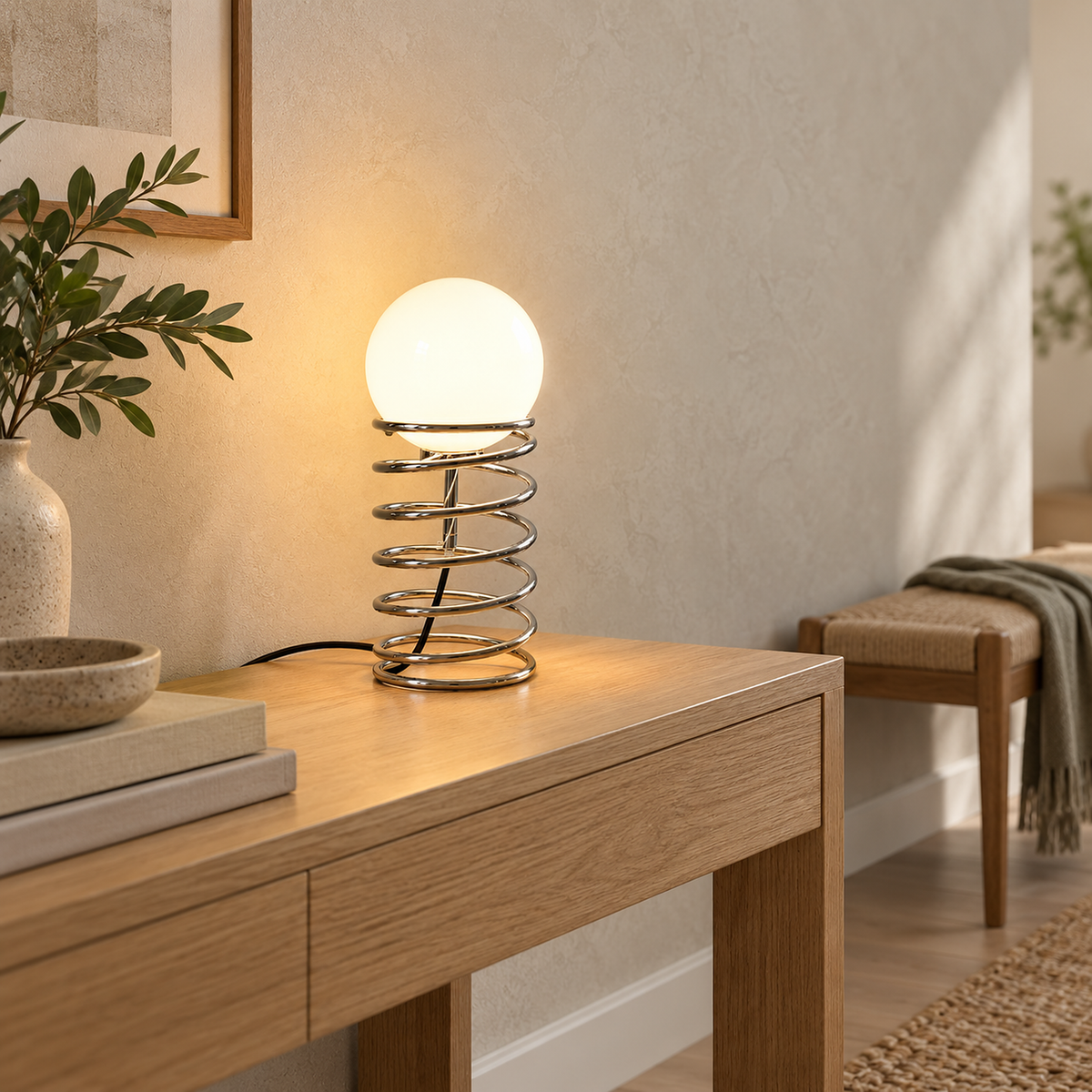 Tirvalo silver table lamp 33 cm tall in close view showing the open spring coil base in polished chrome and its power cord