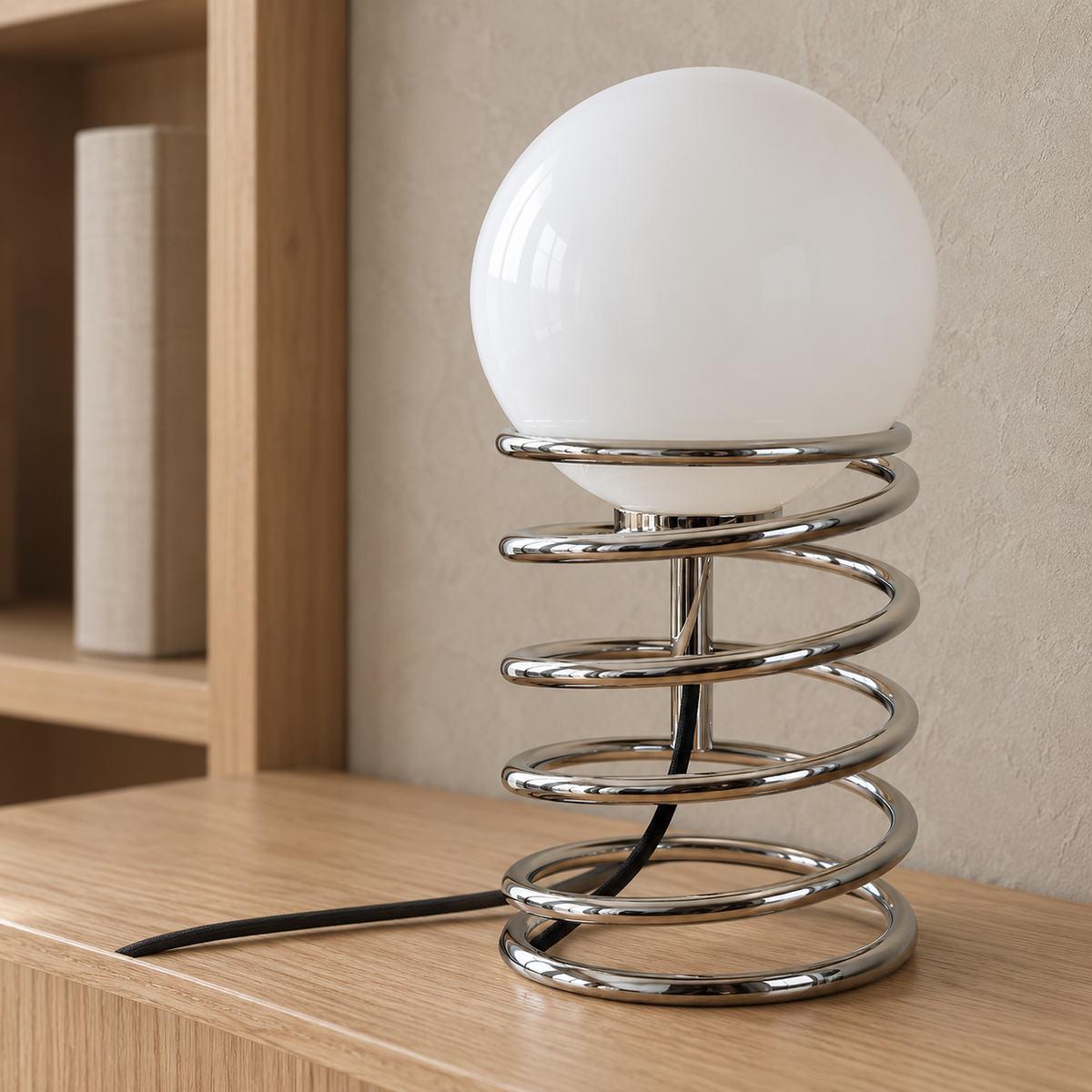 Tirvalo silver table lamp 33 cm tall in detail with its frosted glass globe resting in a polished chrome support