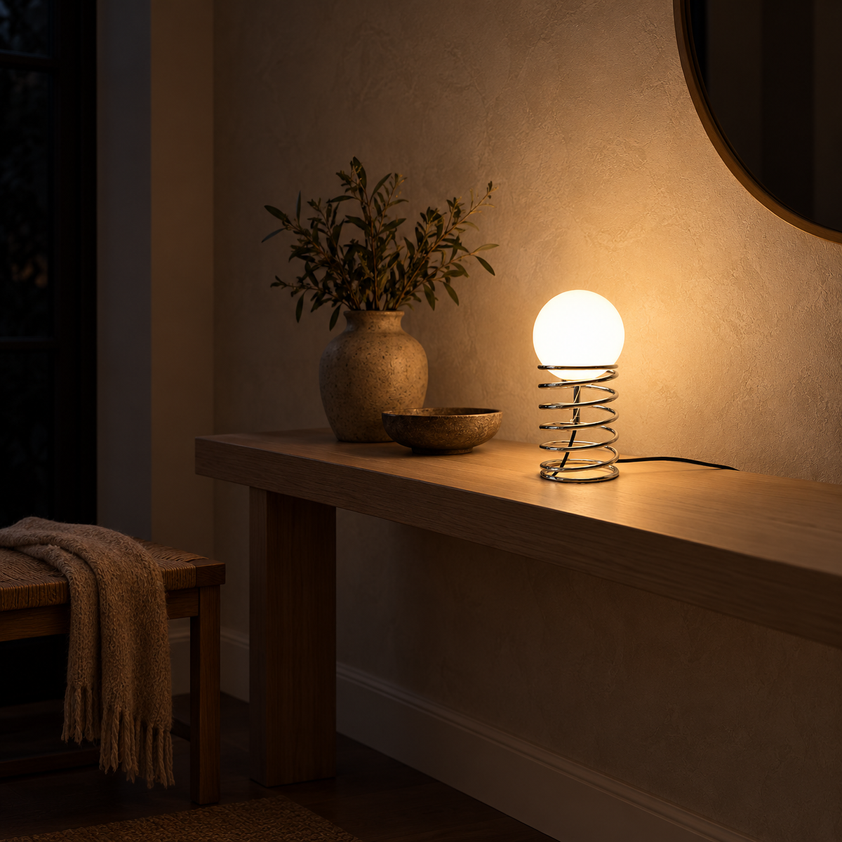 Tirvalo silver table lamp 33 cm tall lighting an entry console at night with a glowing frosted glass globe