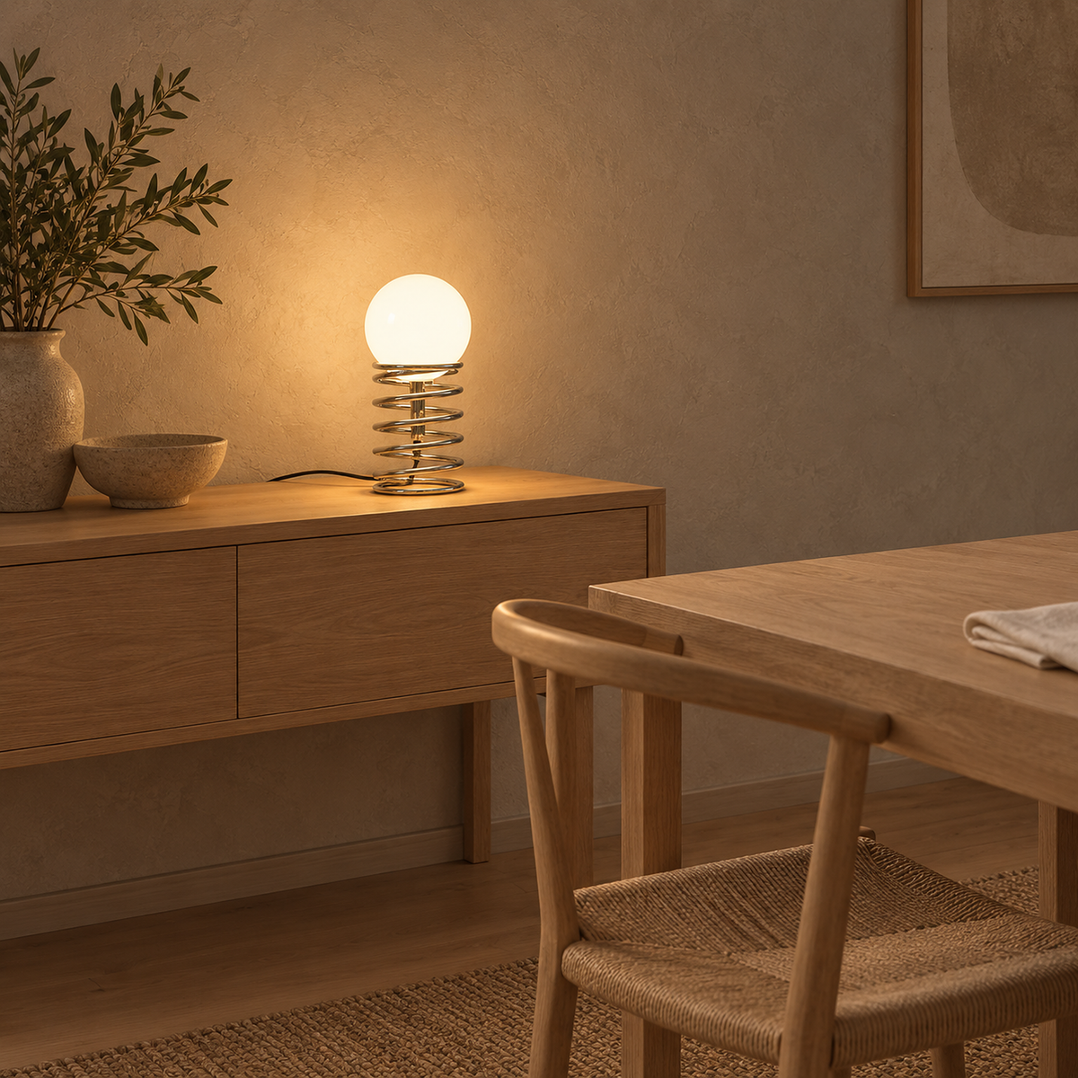 Tirvalo silver glass globe lamp glowing beside dining room furniture in soft midday light