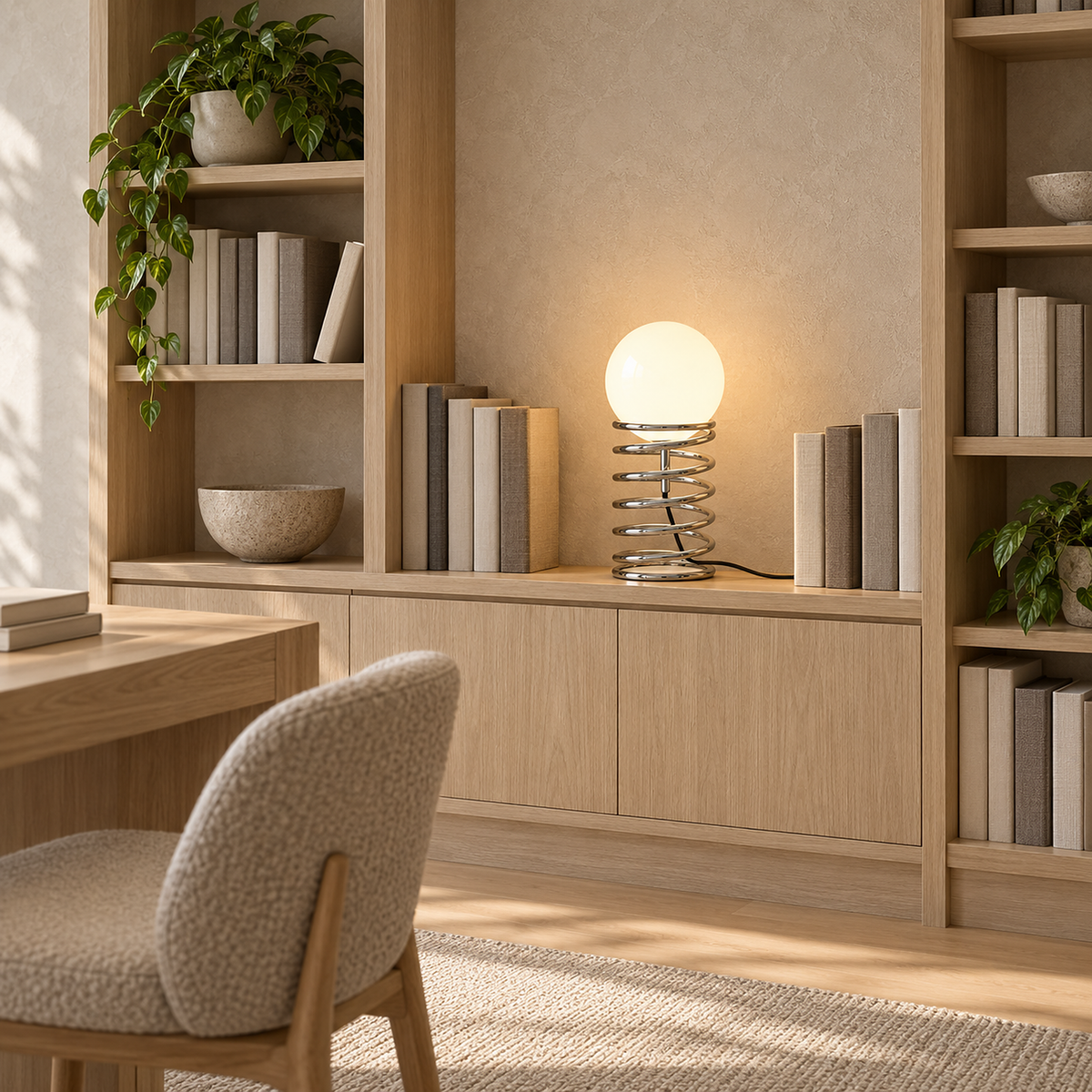 Tirvalo silver table lamp fitting between plain bookshelf sections in a home office