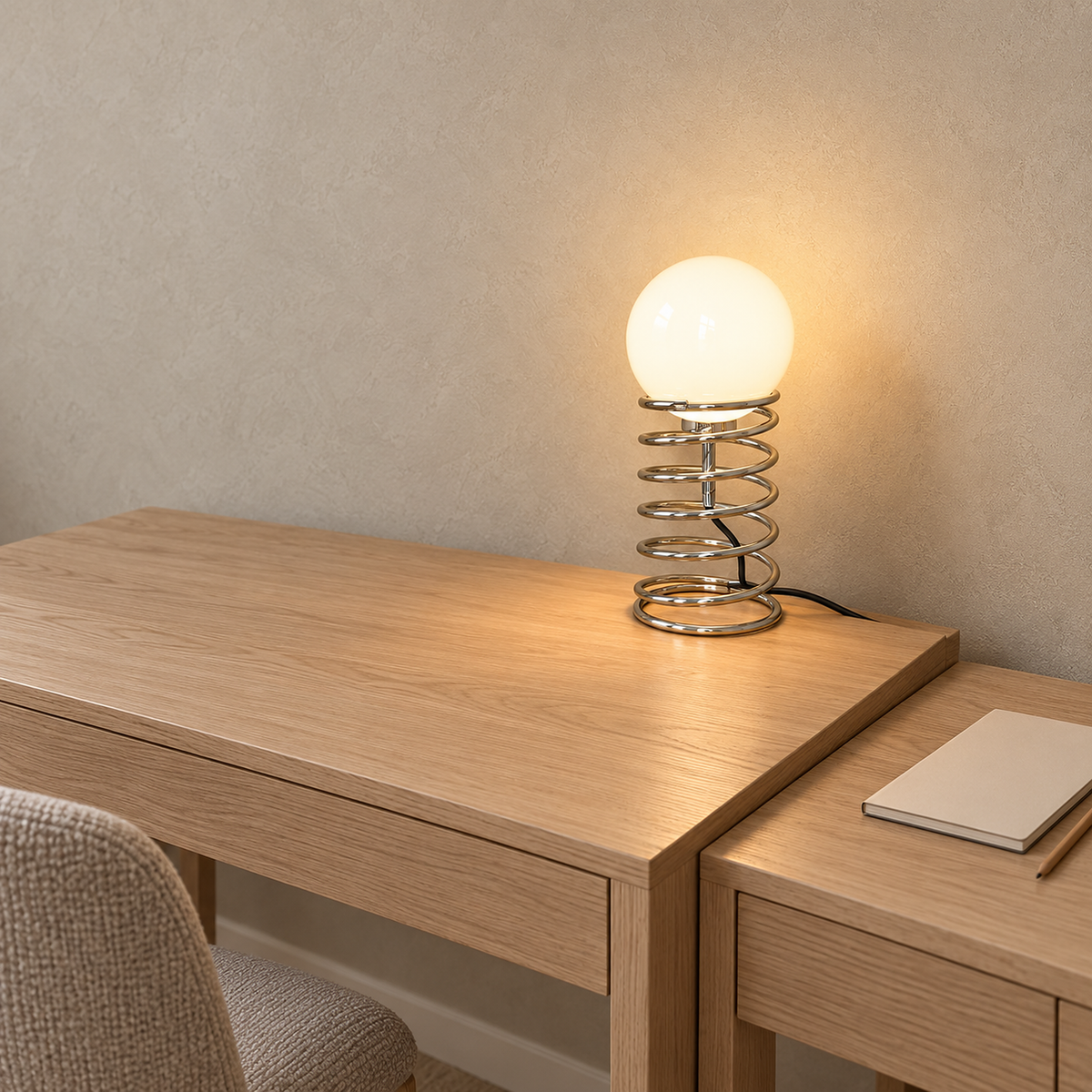 Tirvalo silver table lamp lit on the end of a compact writing console in a craft studio