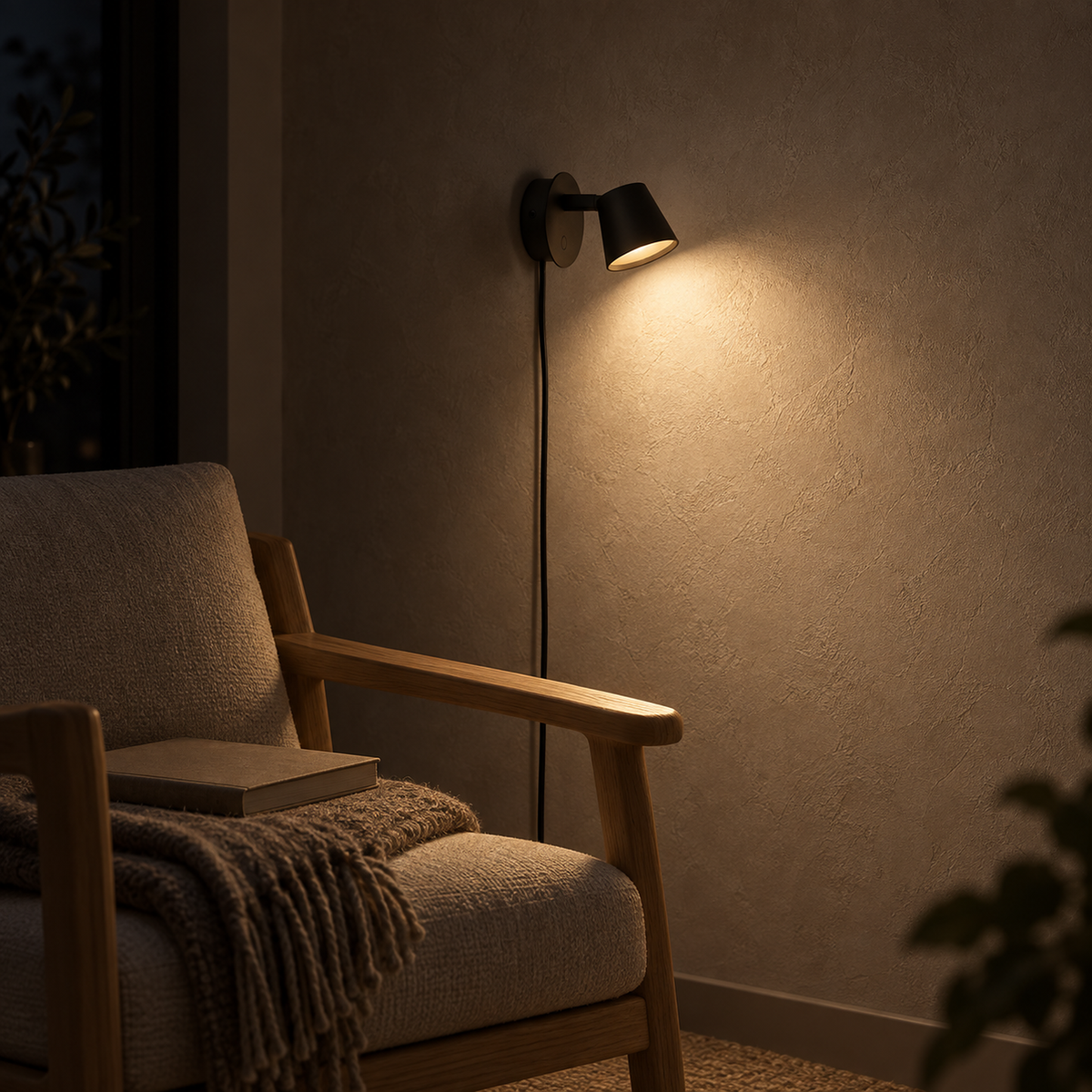 Tisello black LED wall sconce casting reflected light in a library alcove at night