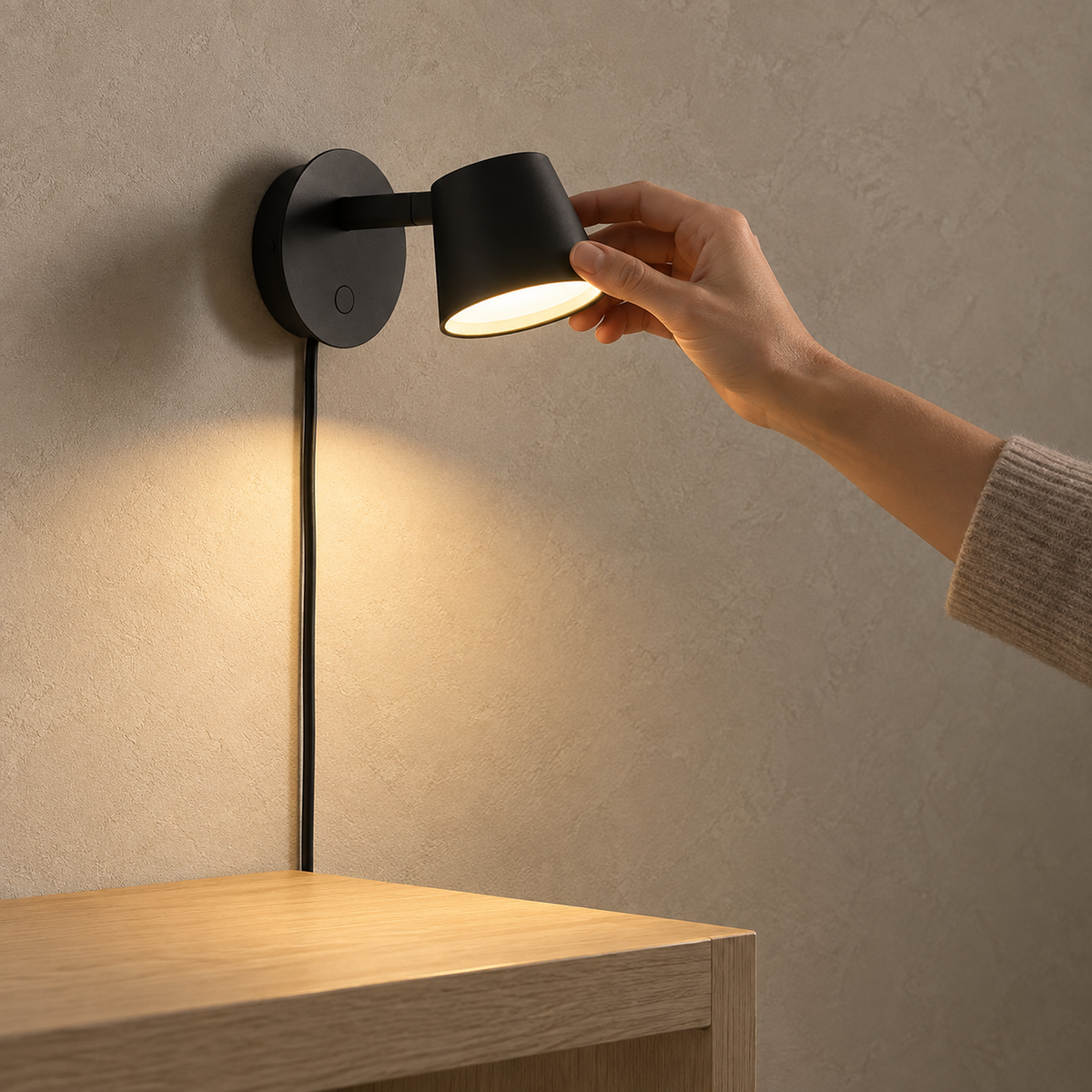 Tisello black LED wall sconce lighting the plaster wall above an entry console