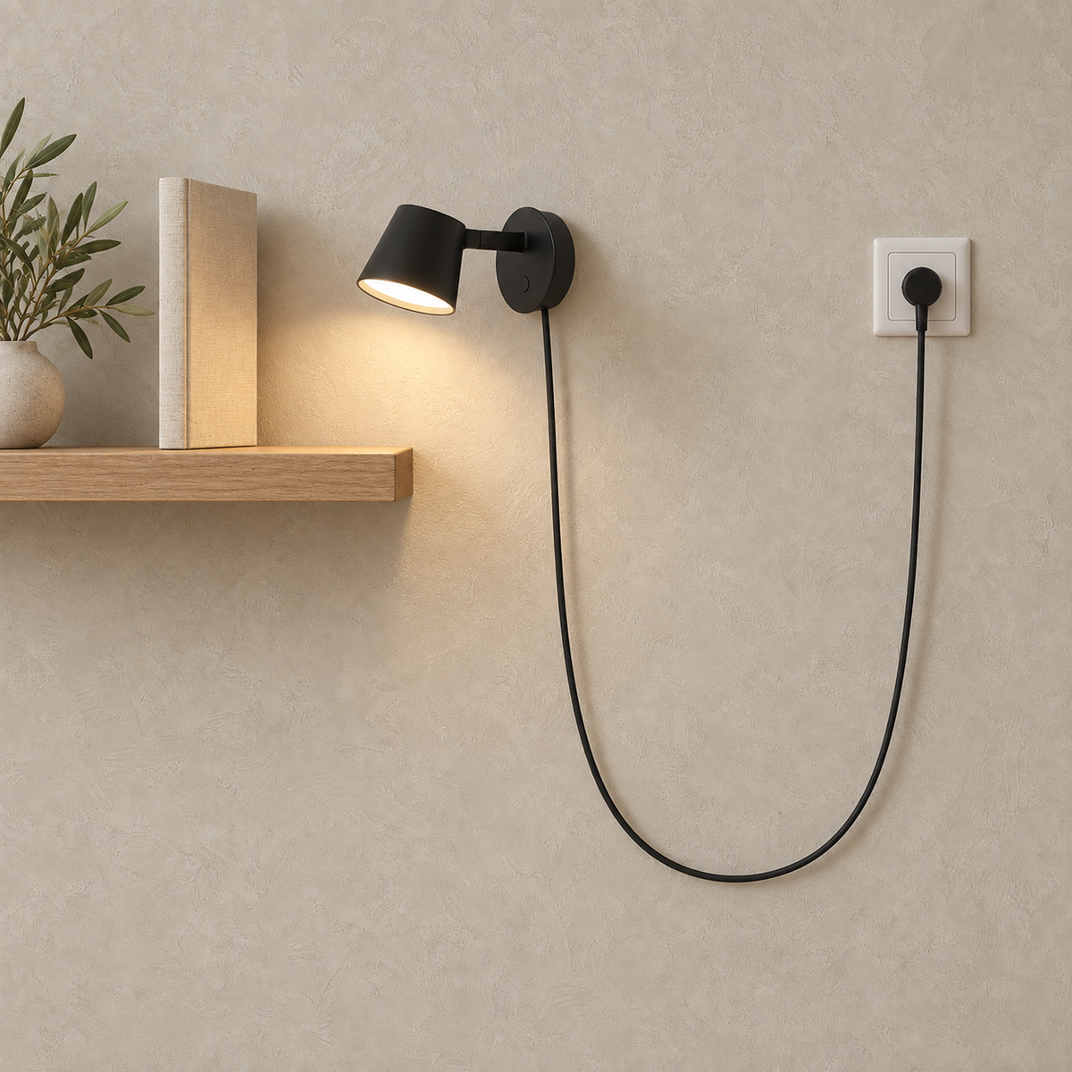 Tisello black LED wall sconce lit with its full 150 cm plug in cord beside a studio desk
