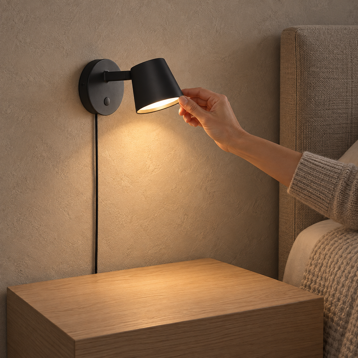Tisello black LED wall sconce used as a bedside lamp above a clear bedroom nightstand