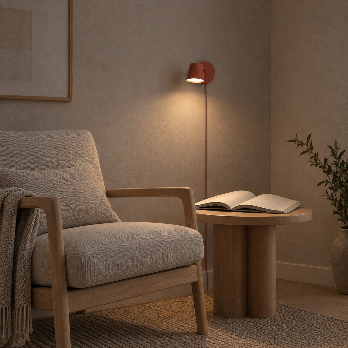 Tisello red adjustable wall sconce casting light downward beside an oatmeal reading chair #color_red