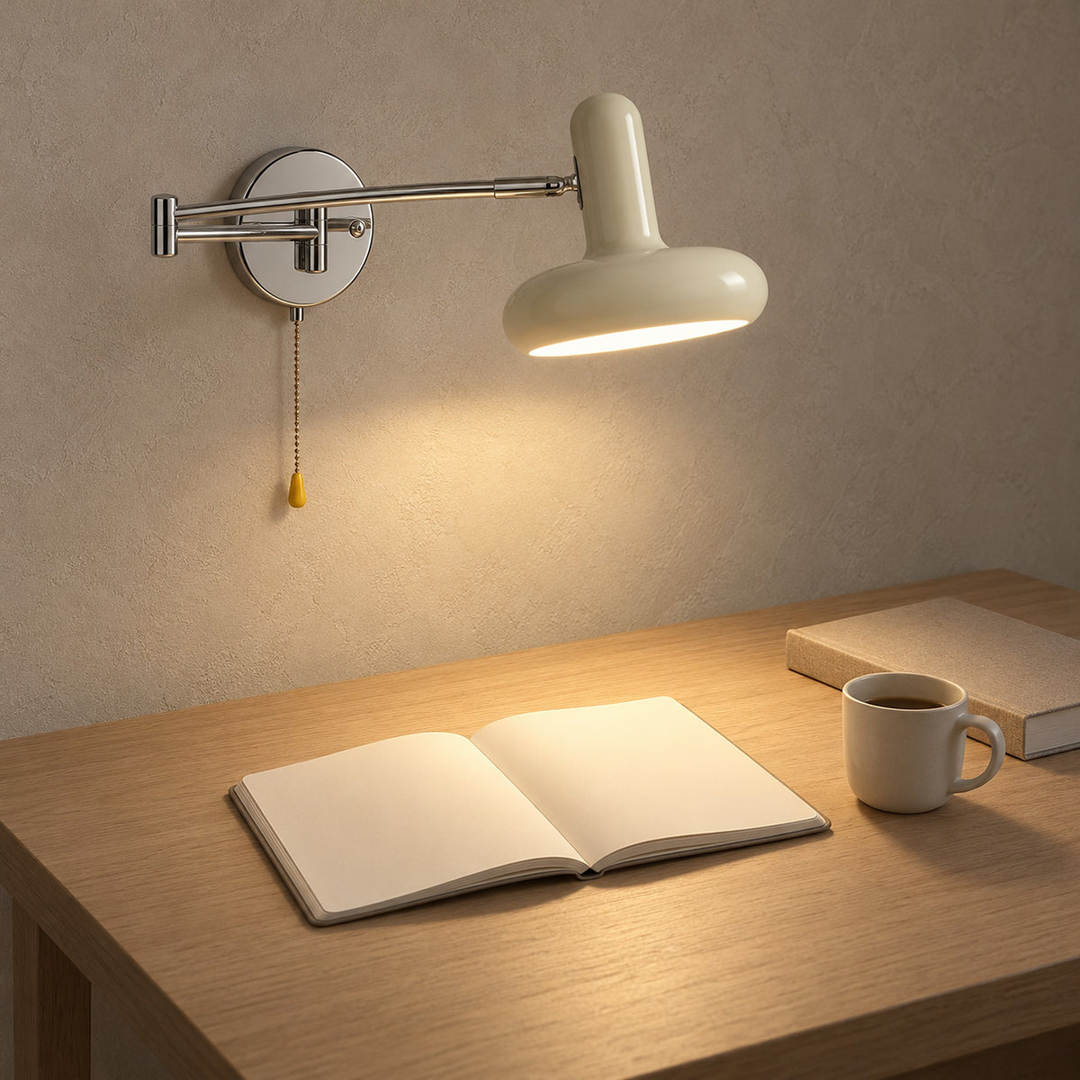 Tivenola cream hardwired wall light over a notebook and coffee on a clear writing desk