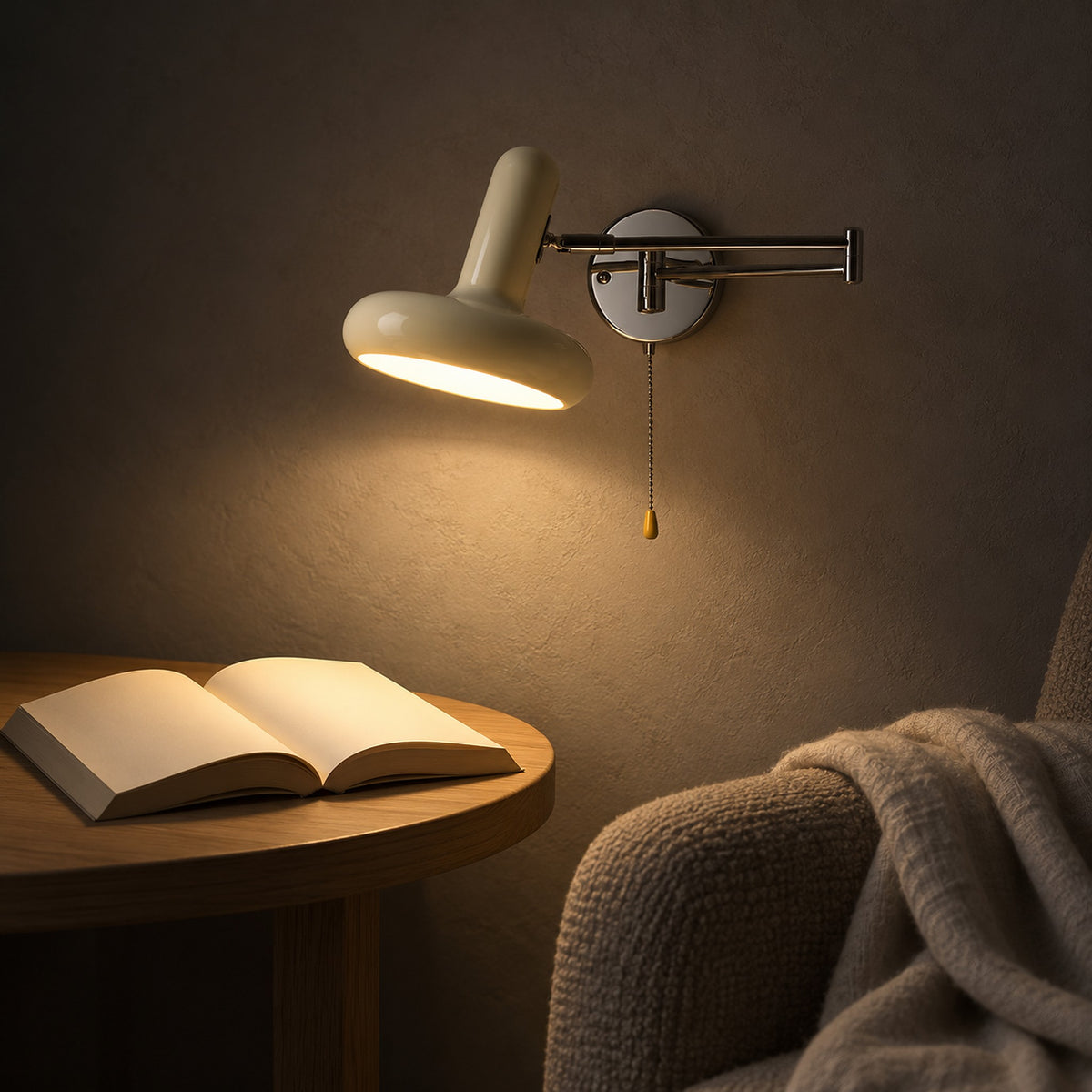 Tivenola cream wall light with its extendable arm reaching toward a reading chair at night