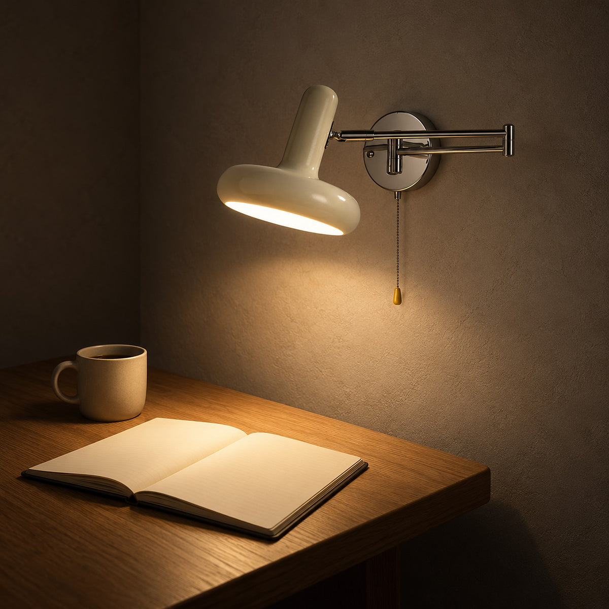 Tivenola cream wall light with rotatable shade lighting a notebook in a study at night