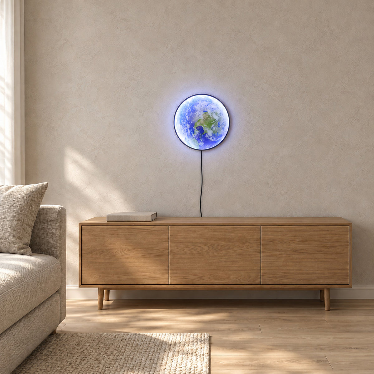 Tolanvi earth wall light in blue earth and dark rim, a plug in wall lamp glowing above a living room console