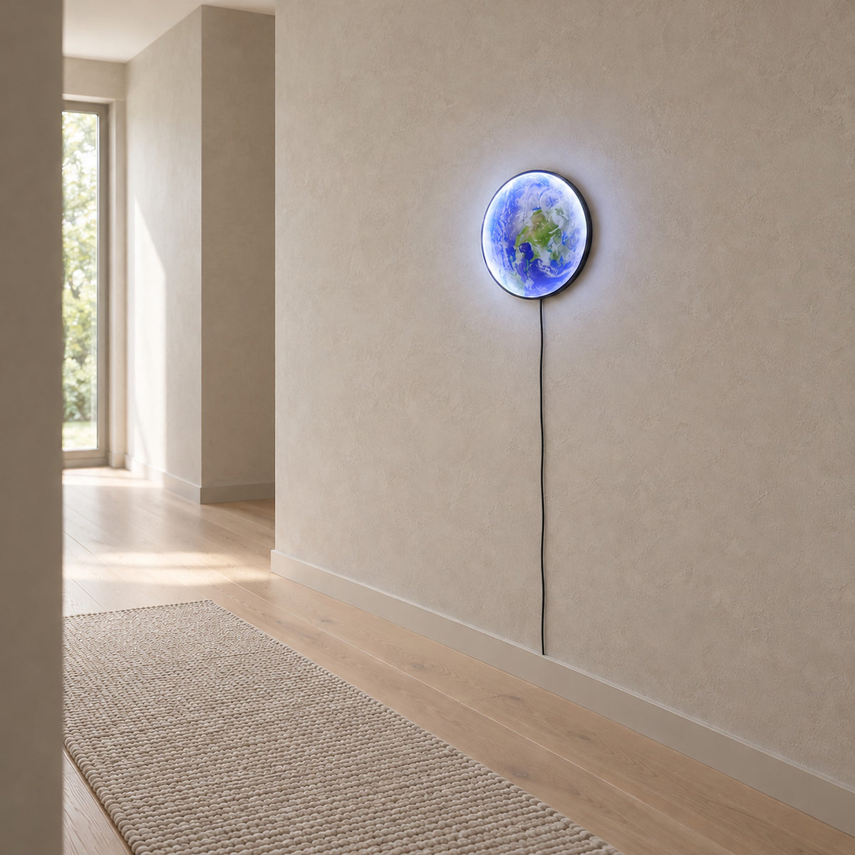 Tolanvi earth wall light in blue earth and dark rim, a small plug in wall sconce keeping a narrow hallway floor clear