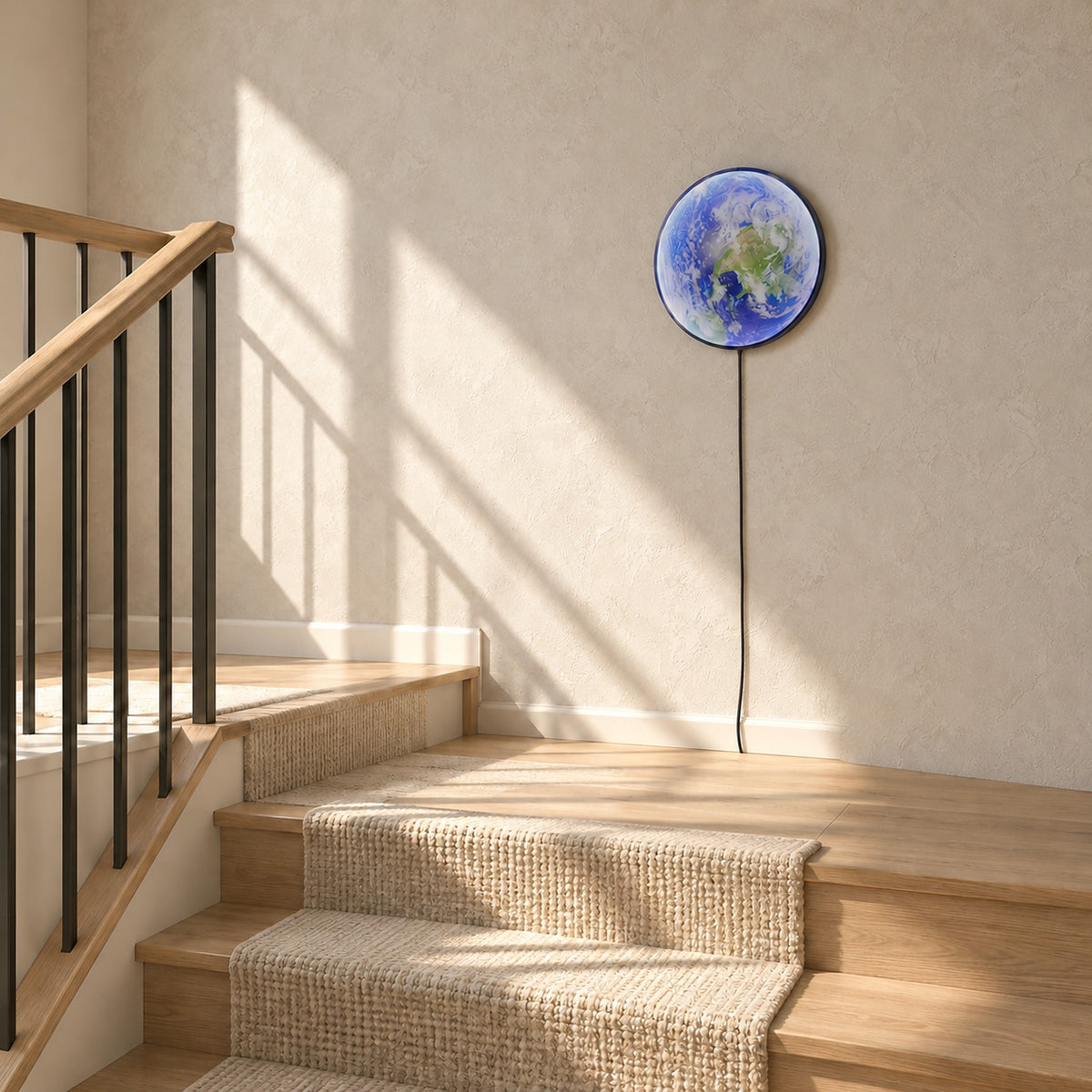 Tolanvi earth wall light in blue earth and dark rim, a small plug in wall lamp unlit on a sunny stair landing