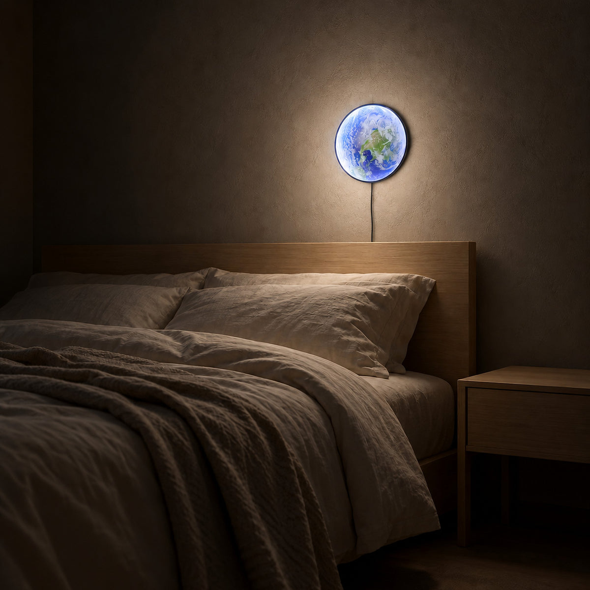 Tolanvi earth wall light in blue earth and dark rim, a bedside wall light glowing above ivory bedding at night