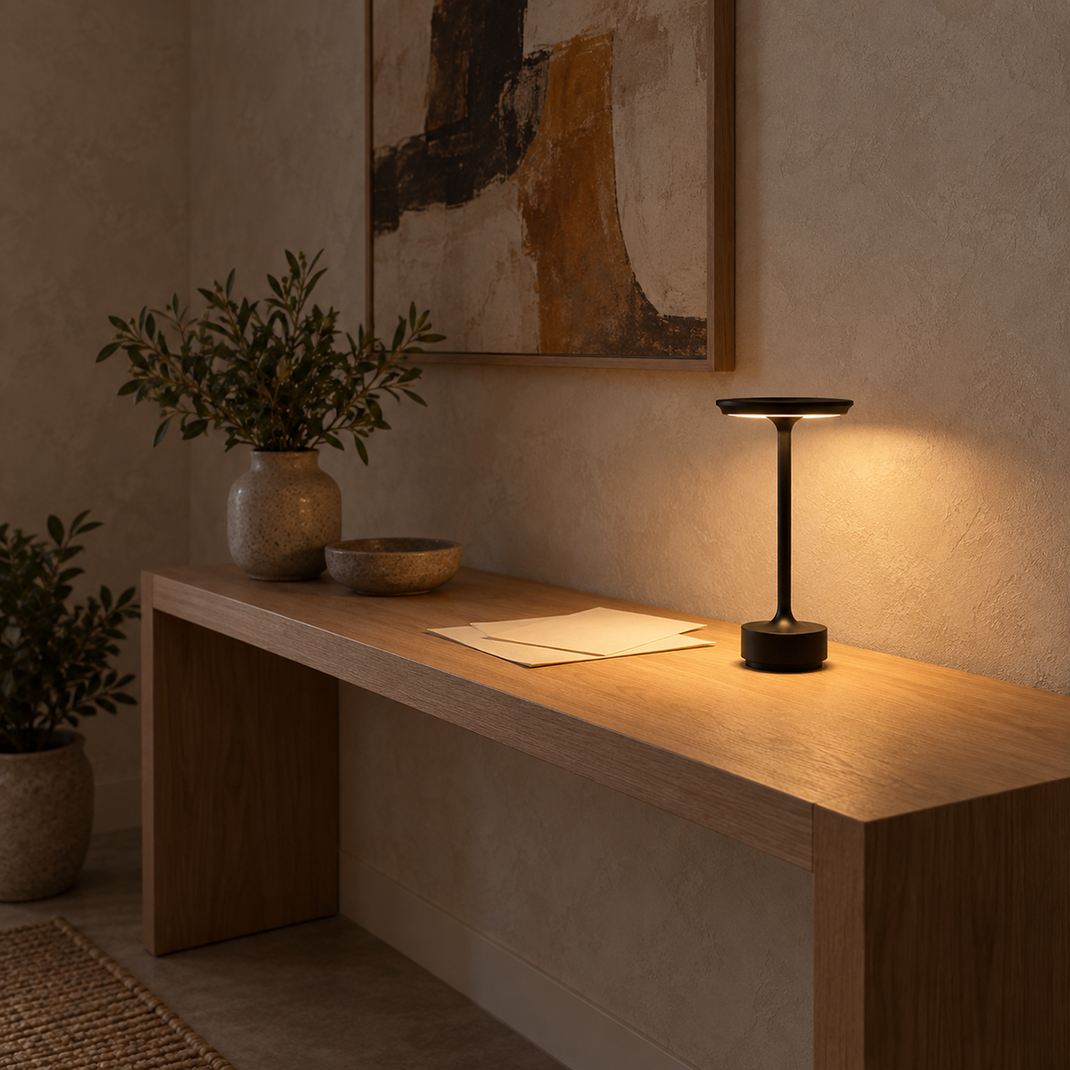 Tolimera black battery operated table lamp lighting a quiet upstairs landing console
