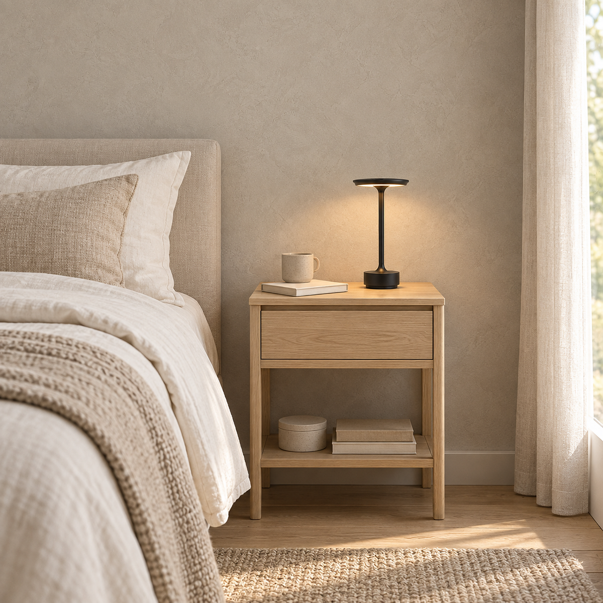 Tolimera black bedside lamp lit beside a bed with no cord running to the wall