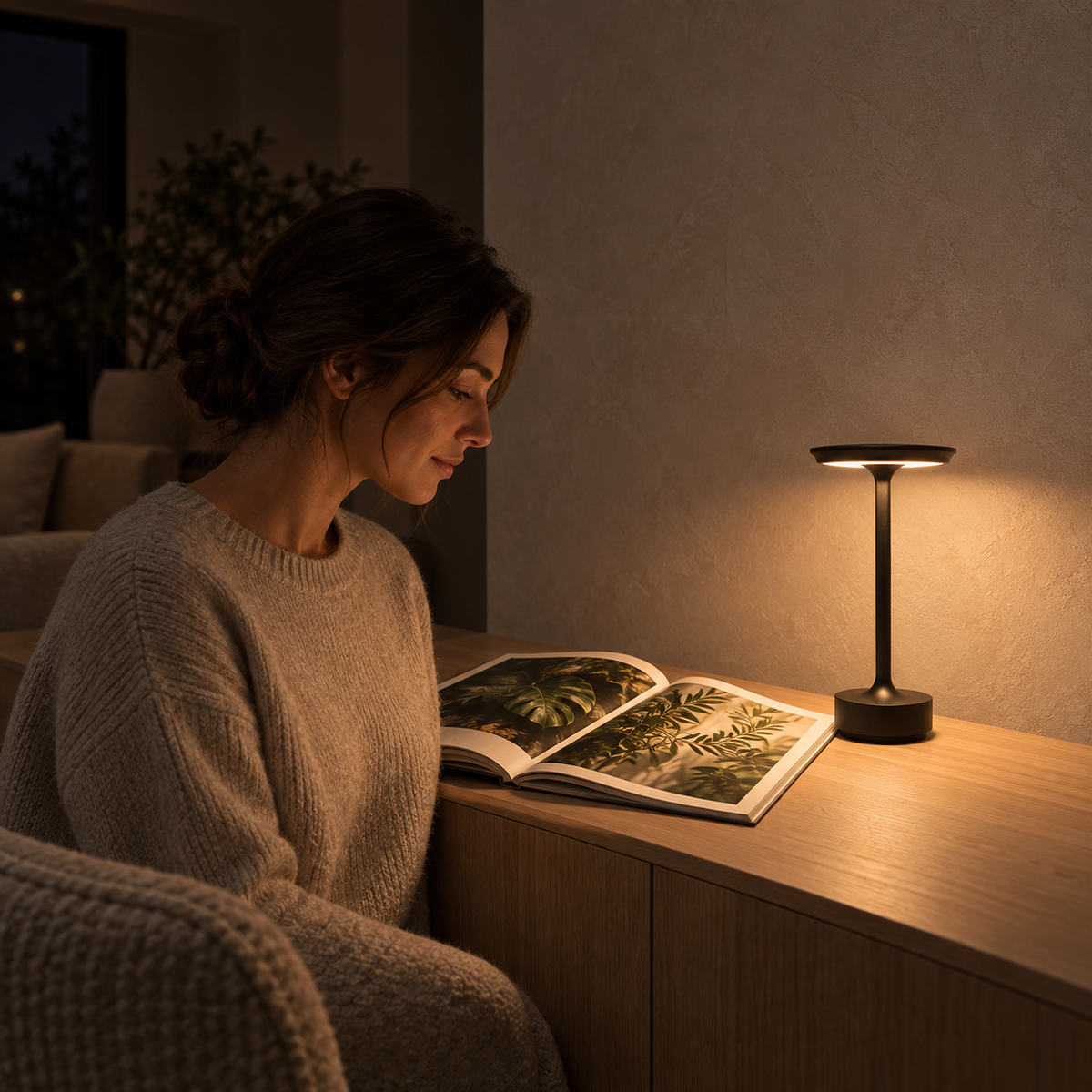 Tolimera black table lamp lighting a picture book for a seated reader at night