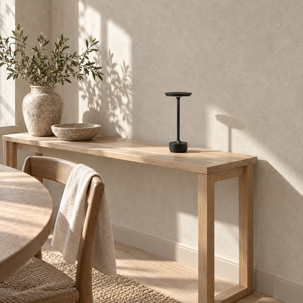 Tolimera black table lamp resting unlit in direct sunlight in a dining room