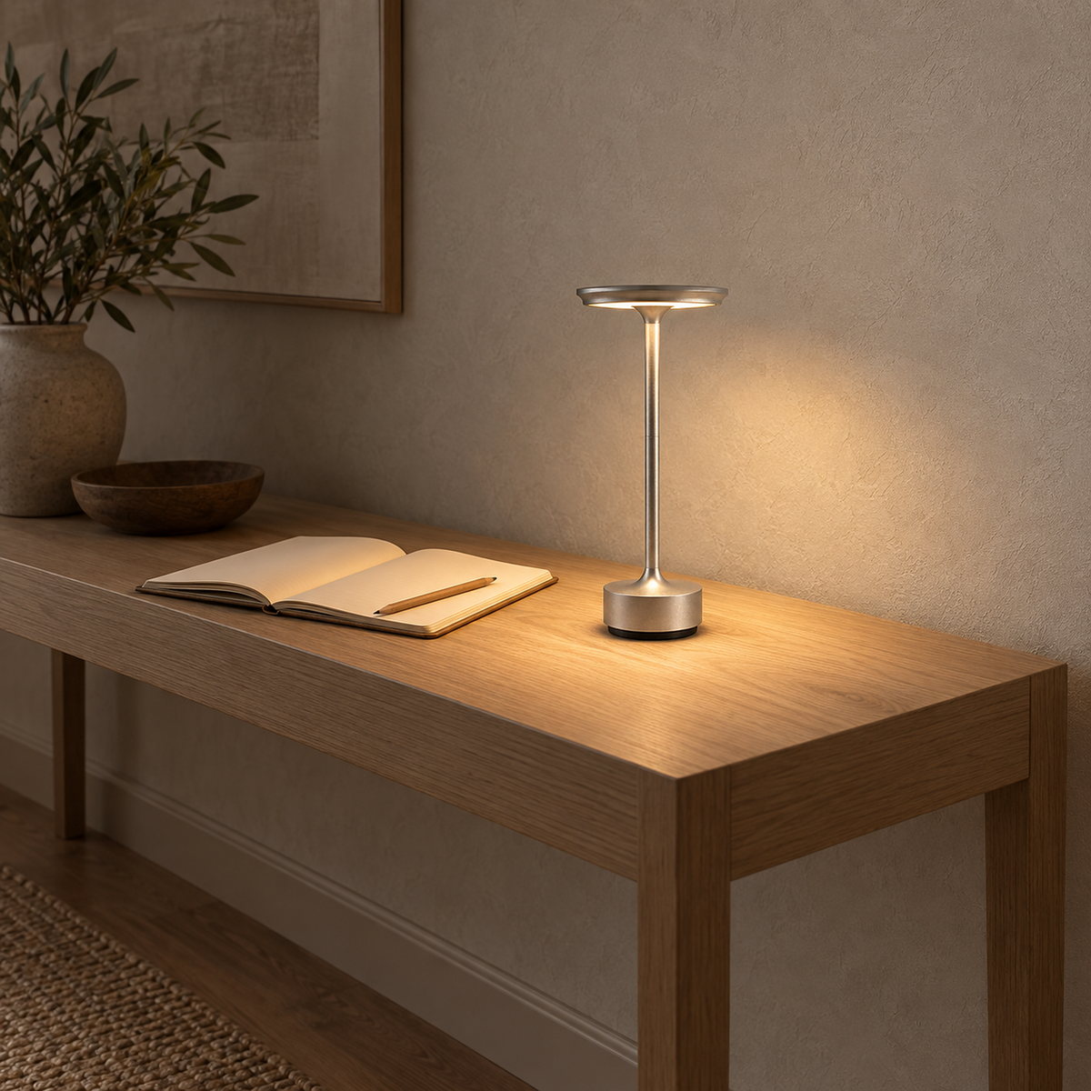 Tolimera silver LED desk lamp casting warm light beside a notebook in a library alcove #color_silver