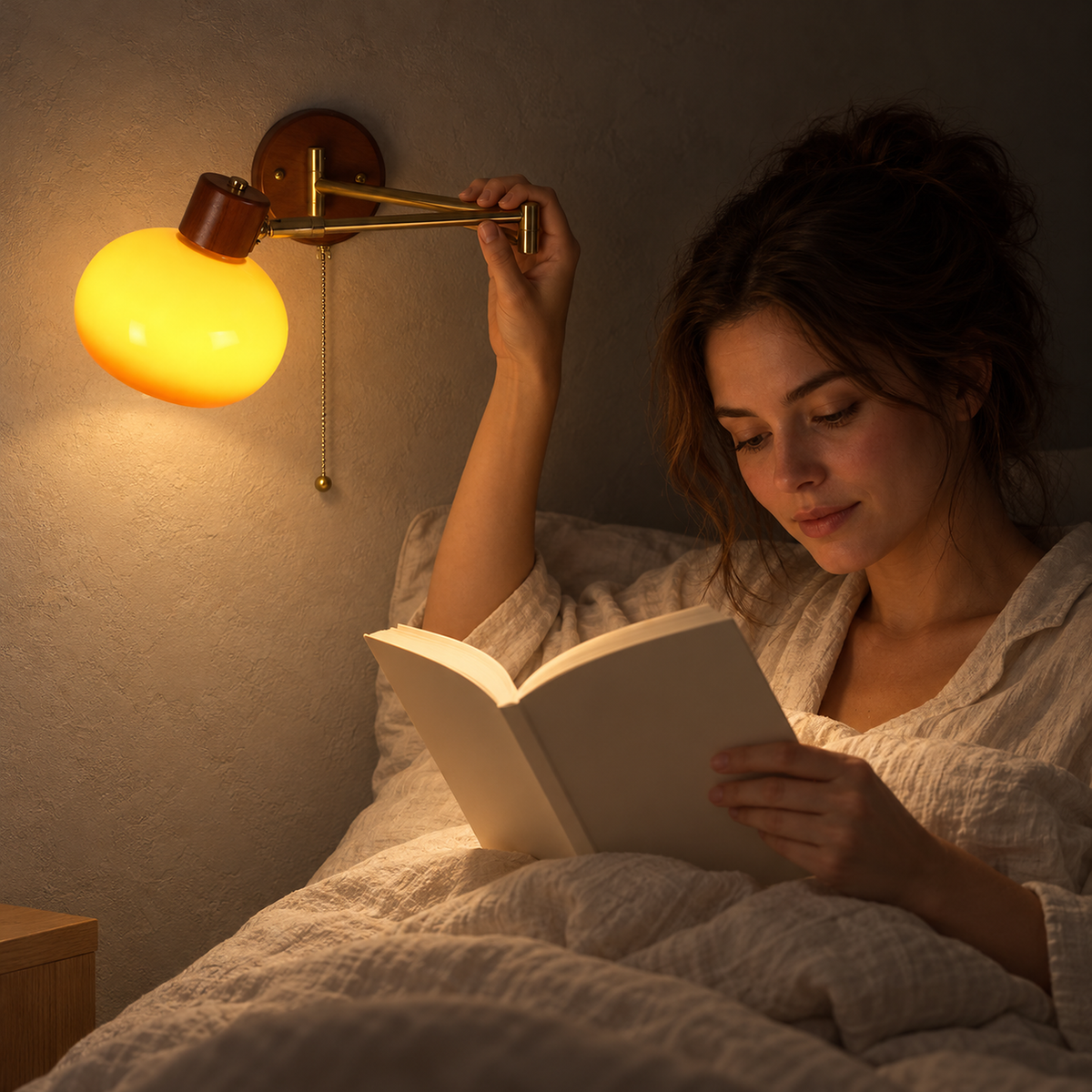 Tolvaren amber bedside wall light shining onto a book held by a reader in a guest room bed