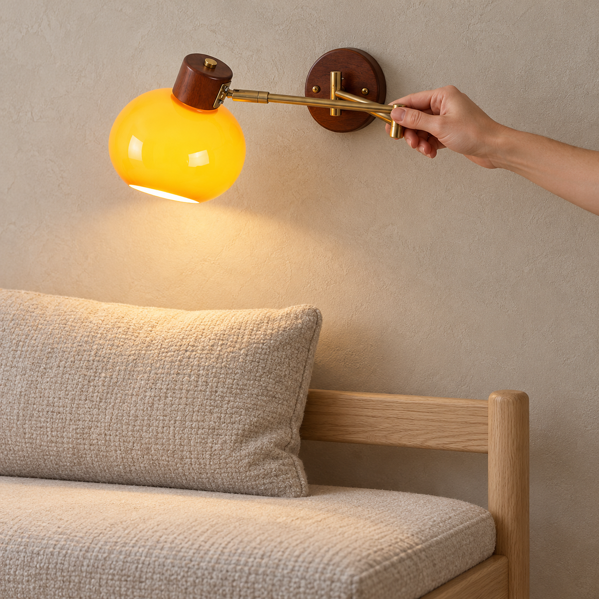 Tolvaren amber plug in wall lamp, a close look at the swing arm joint in gold colored iron