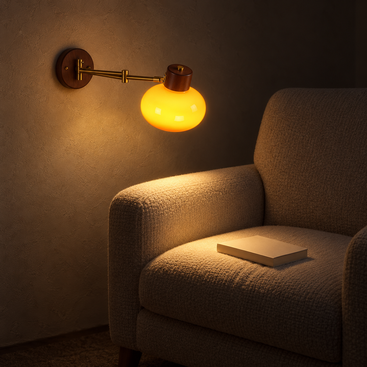 Tolvaren amber plug in wall light on a swing arm reaching over an armchair in a reading corner