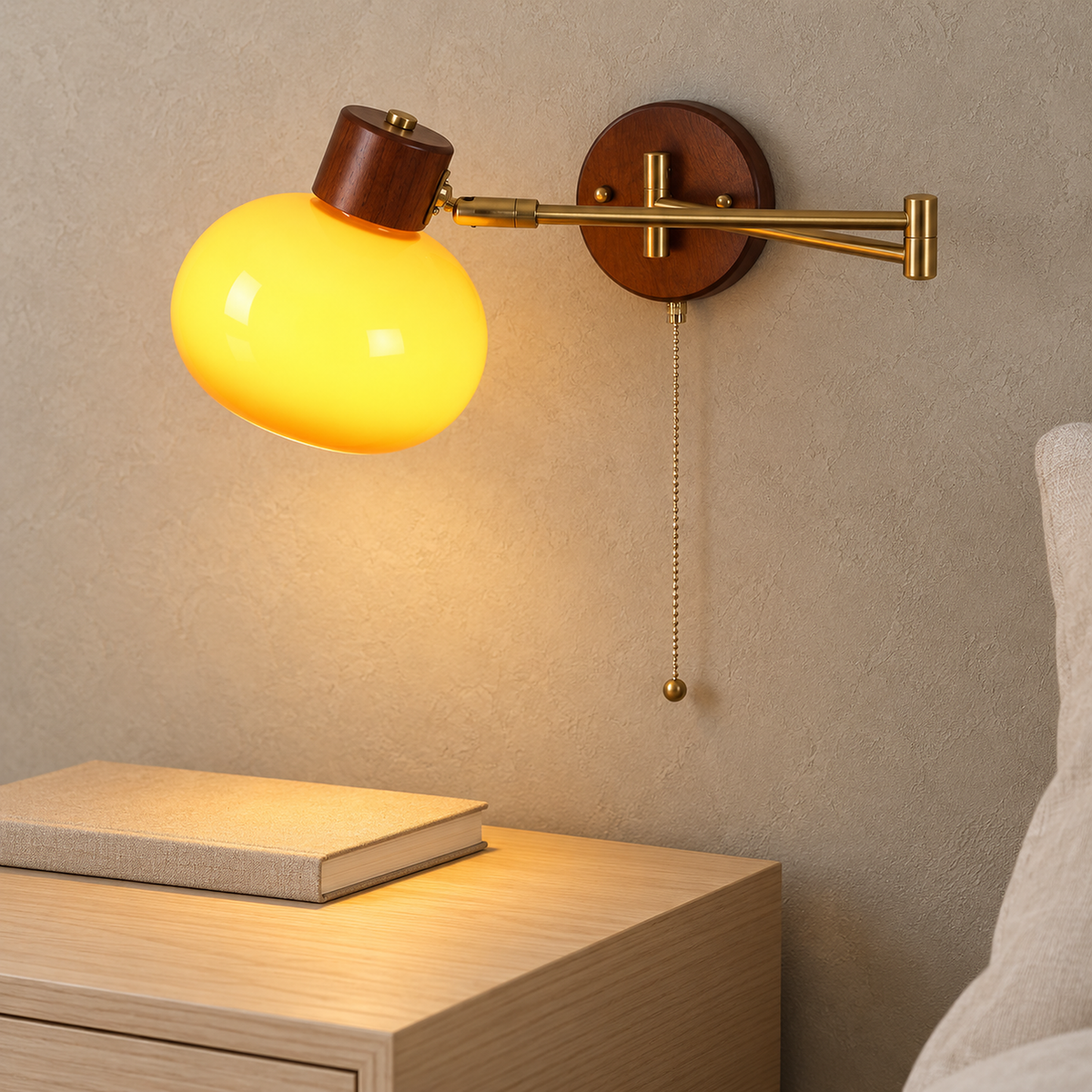Tolvaren amber plug in wall light shining over a book on a nightstand by the bed