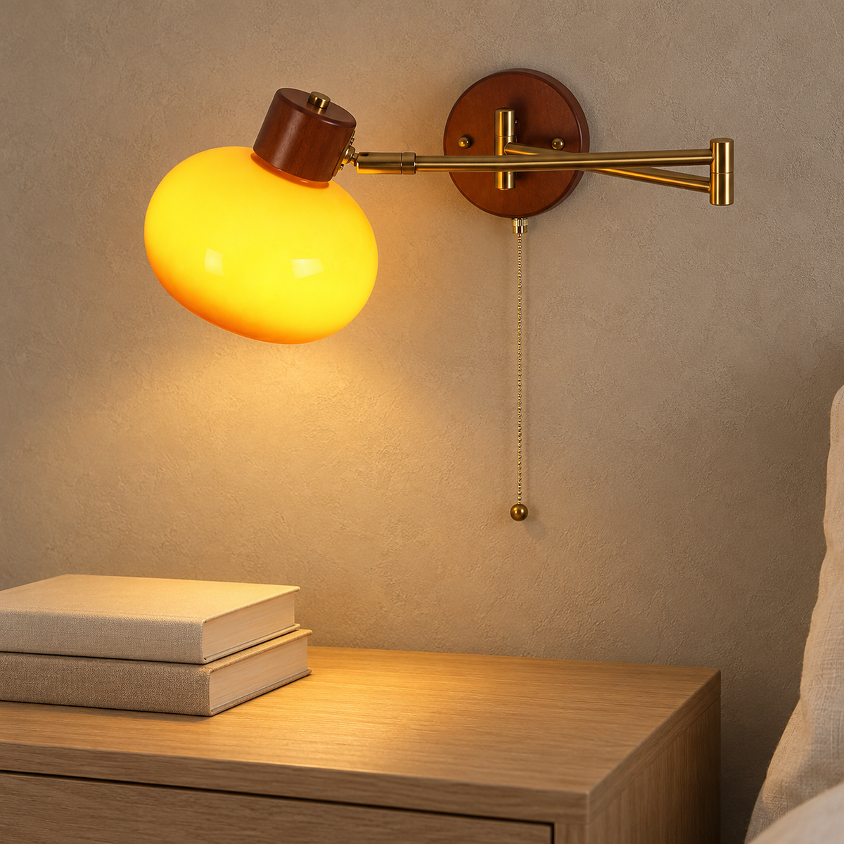 Tolvaren amber wall lamp glowing above books on a nightstand in a bedroom
