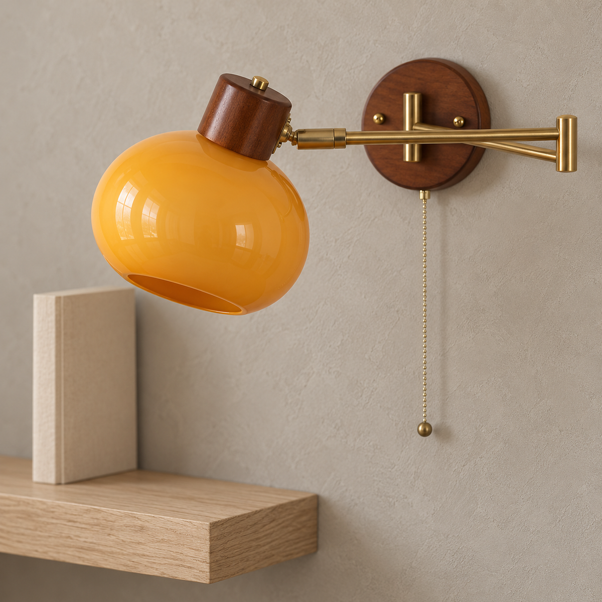 Tolvaren amber wall lamp up close, showing the round glass shade and socket housing in a den