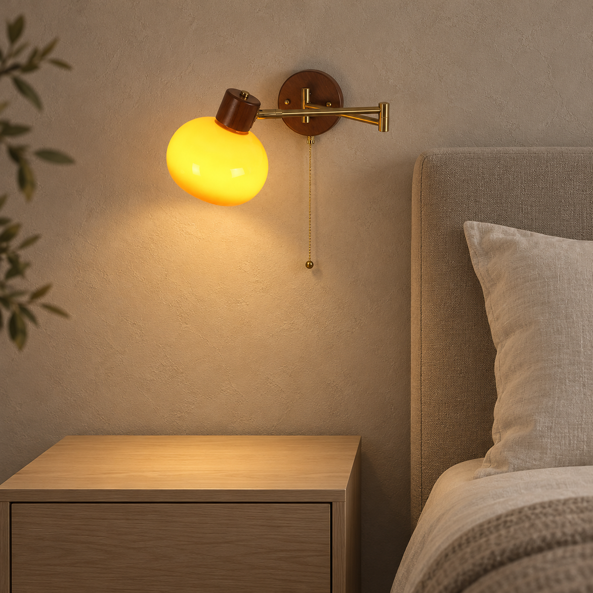 Tolvaren amber wall sconce detail, the glowing glass shade where it meets the gold colored arm