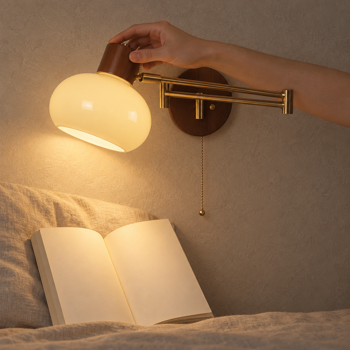 Tolvaren cream bedside wall light shining on an open book in a guest room #color_cream