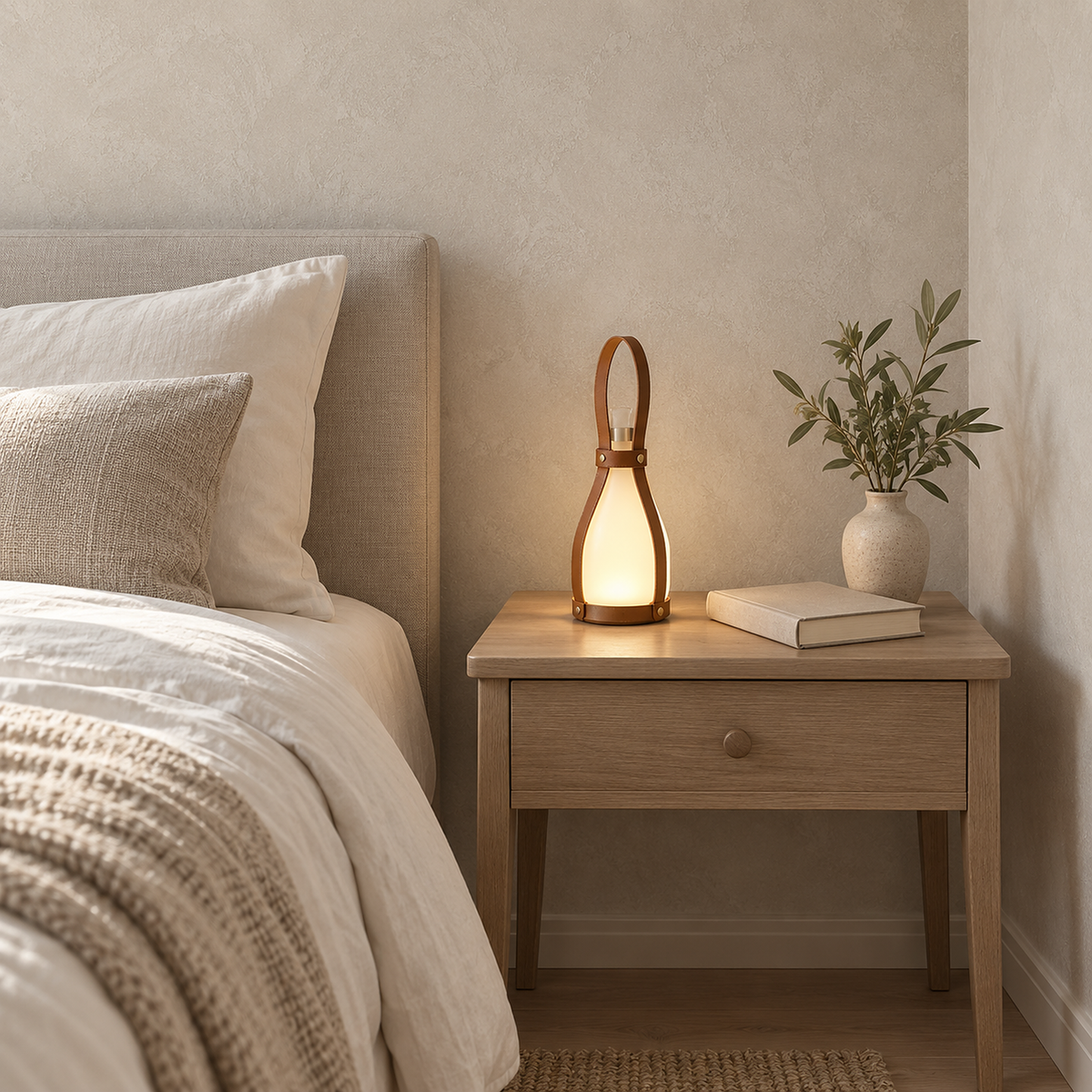 Tolvesa main bedside lamp switched on, leaving space on a small bedroom nightstand