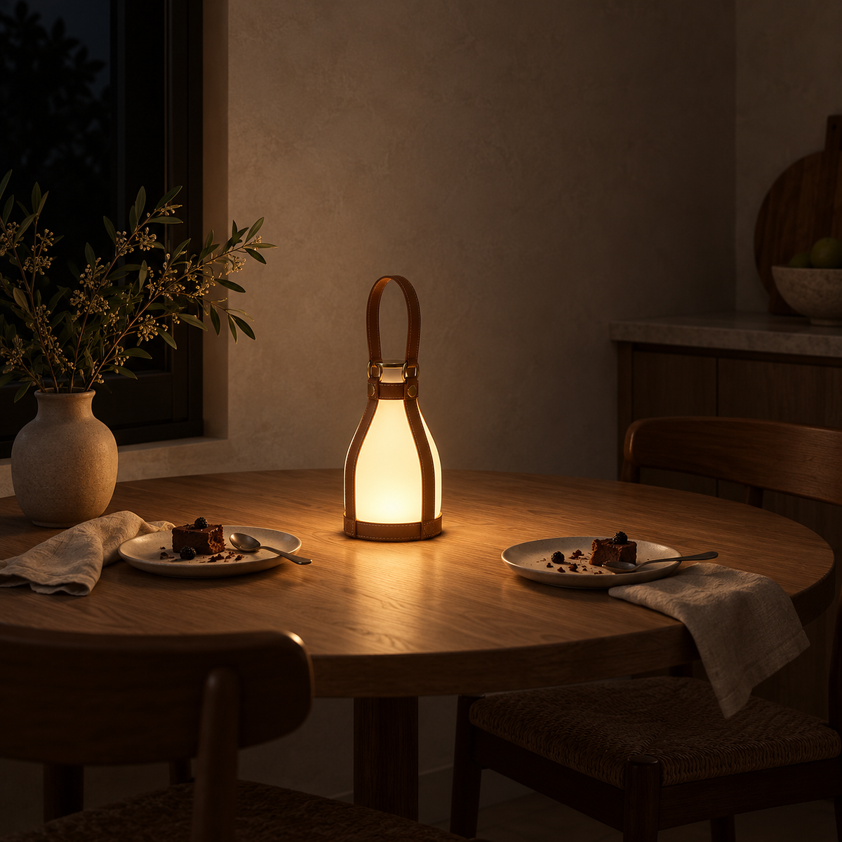 Tolvesa main portable table lamp dimmed to a softer glow beside dessert on a breakfast table