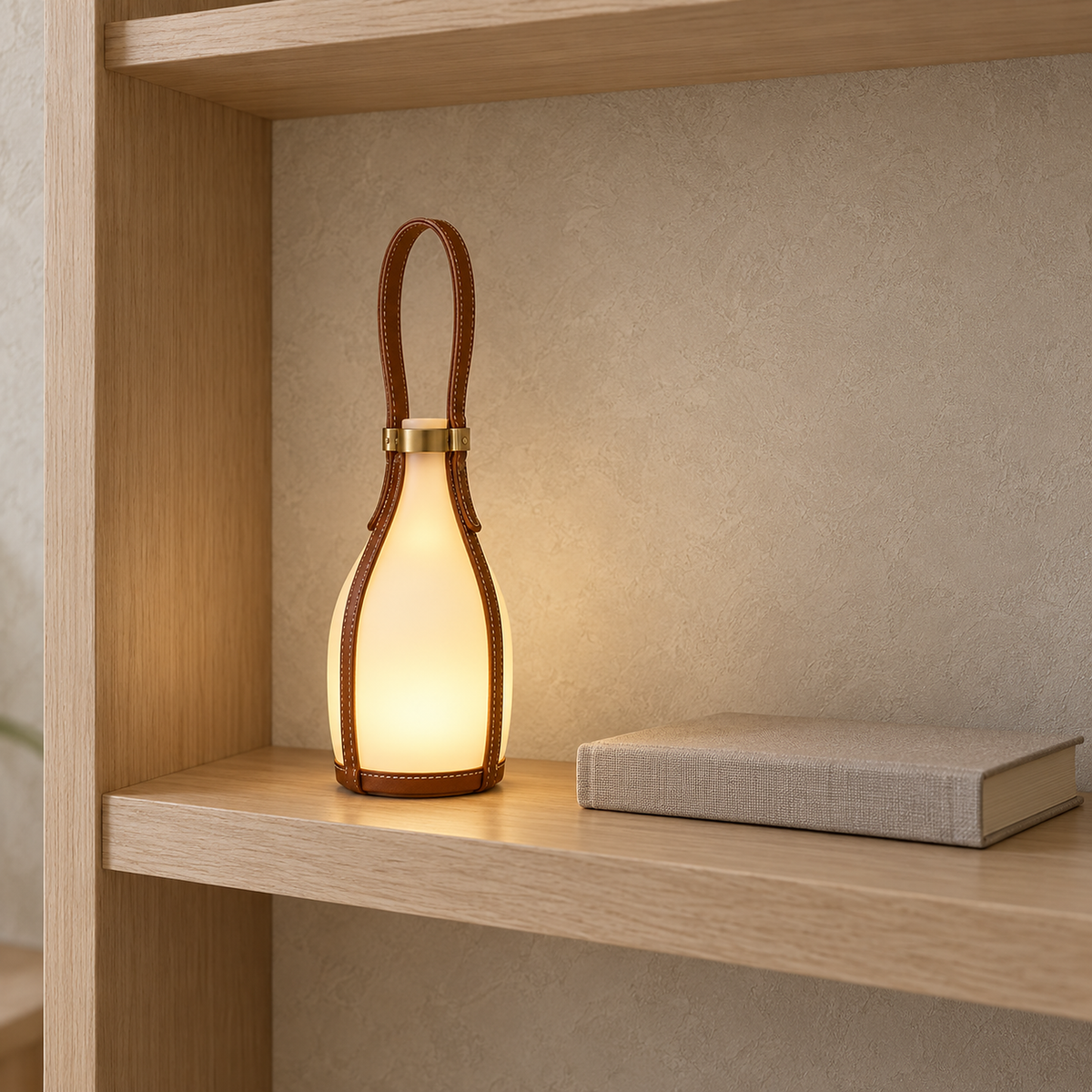 Tolvesa main rechargeable table lamp glowing in a library, smooth glass with no bulb in sight