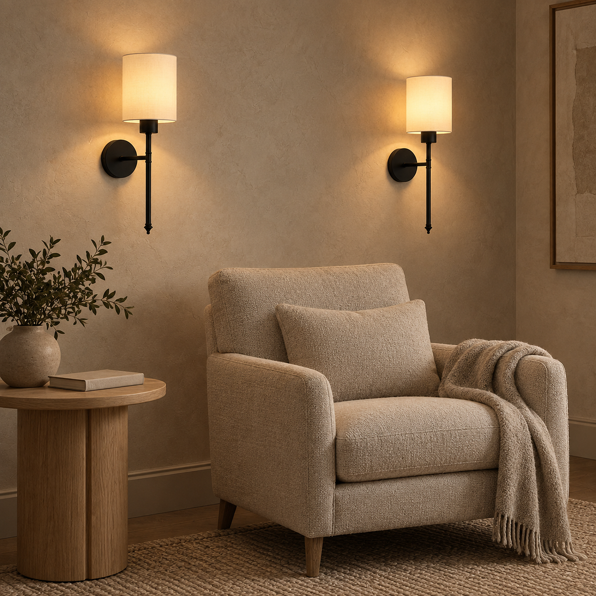 Toselio black battery operated wall sconce pair beside an armchair in a reading corner