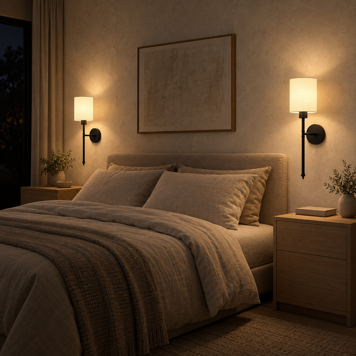Toselio black bedside lamp pair lighting the bedside at night