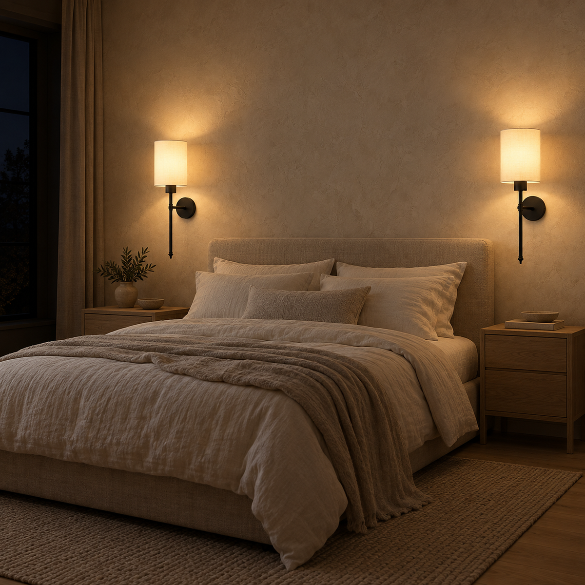 Toselio black cordless wall lamp pair diffusing light above a dining sideboard
