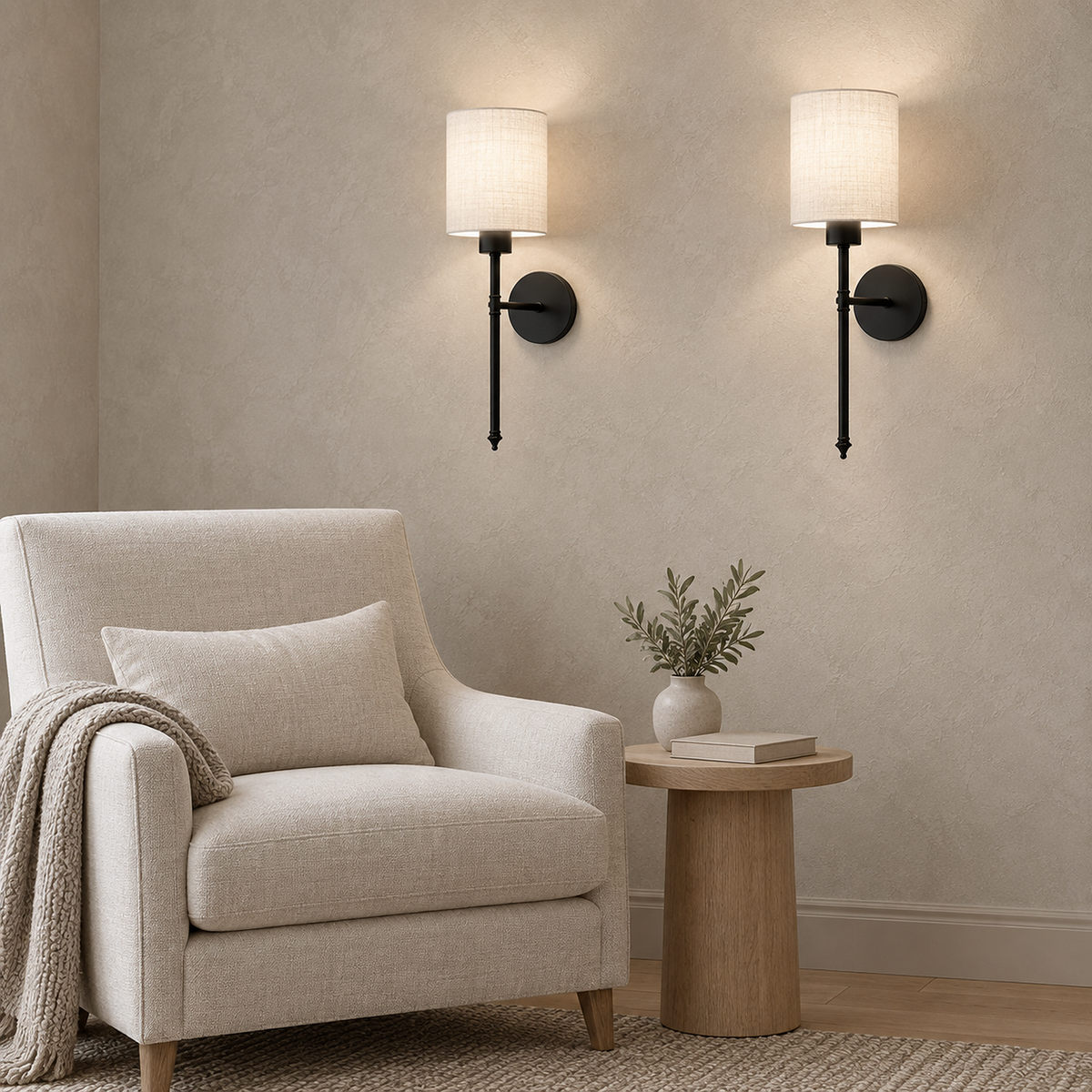 Toselio black cordless wall lamp pair glowing in a reading corner