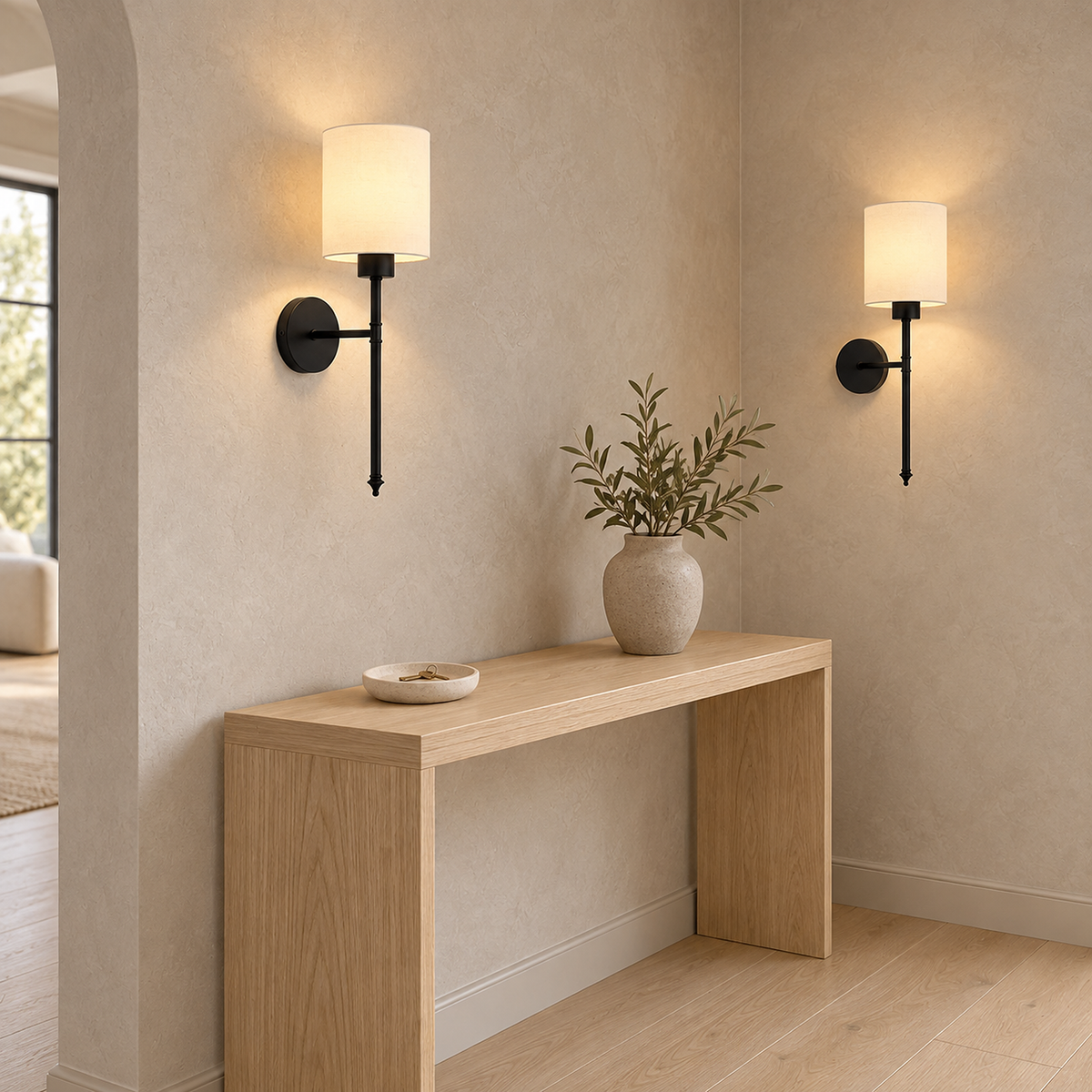 Toselio black led wall sconce pair showing the installed backplate profile