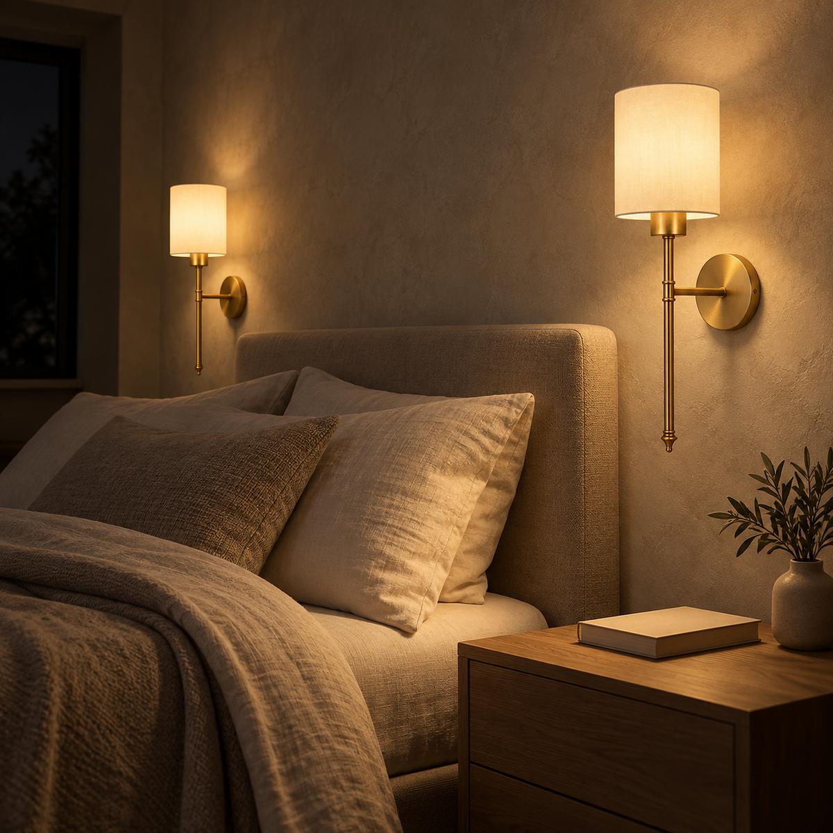 Toselio gold bedside lamp pair softly lighting the bedside at night #color_gold