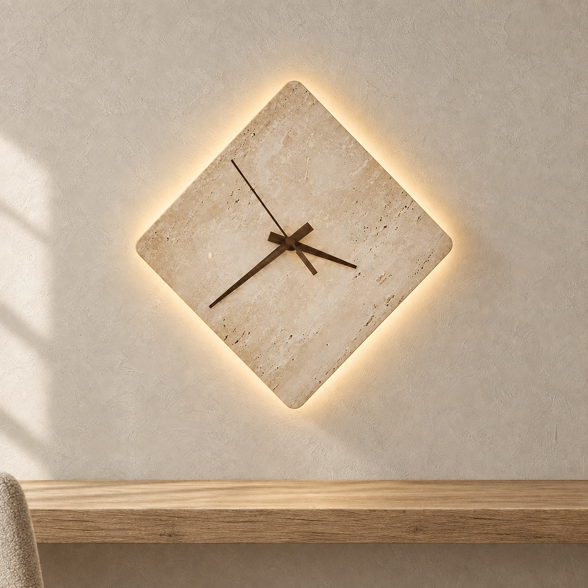 Toselmi yellow travertine LED wall sconce glowing warm above an empty dining console in daylight
