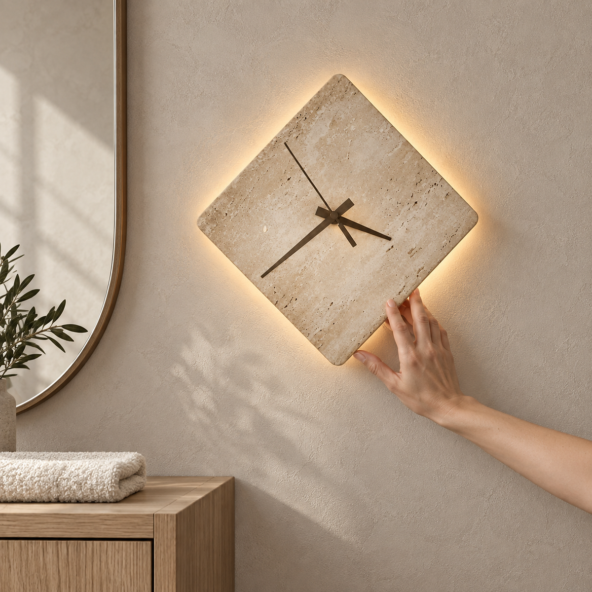 Toselmi yellow travertine LED wall sconce hardwired on a cord free wall beside a mirror in a dry indoor spot