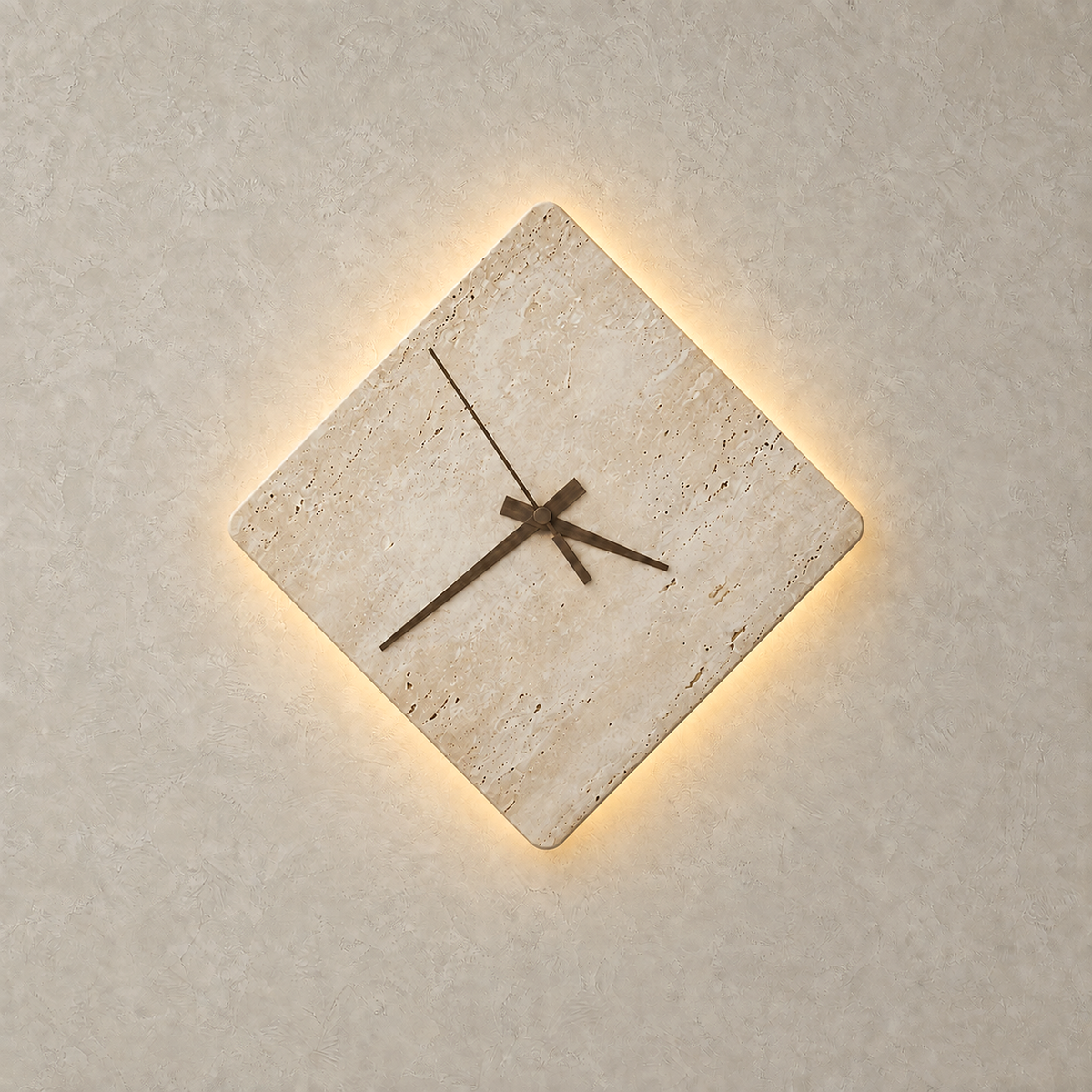 Toselmi yellow travertine LED wall sconce lit in a diamond shape with warm white light on the stone