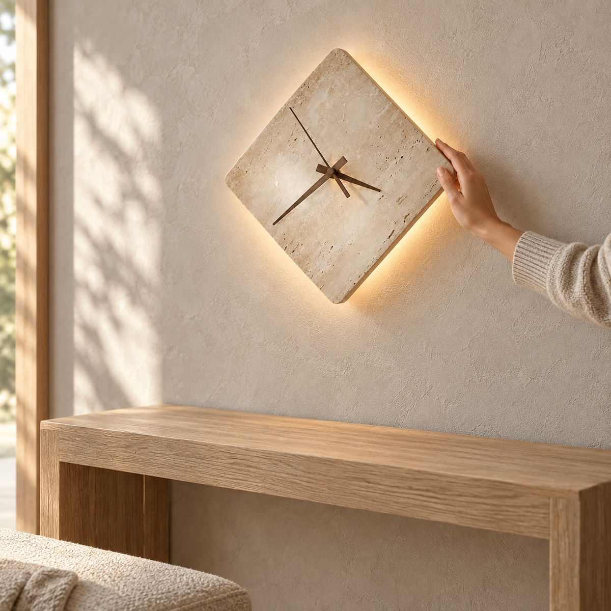 Toselmi yellow travertine wall sconce lit on an entryway wall leaving the console surface clear