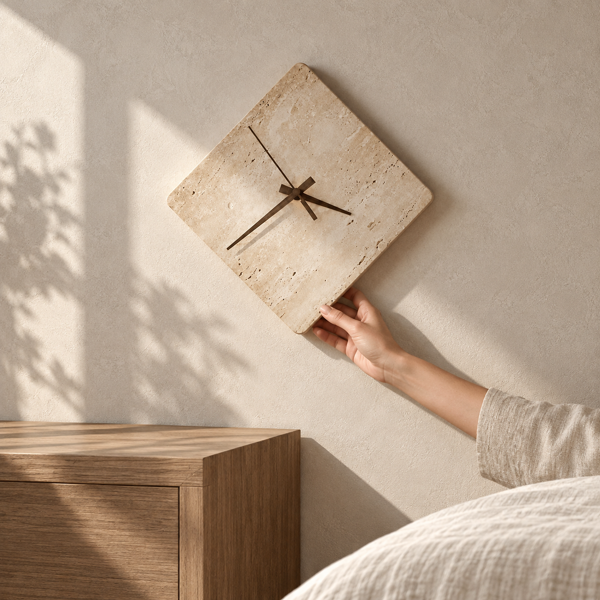 Toselmi yellow travertine wall sconce unlit above a sunlit bedroom console corner