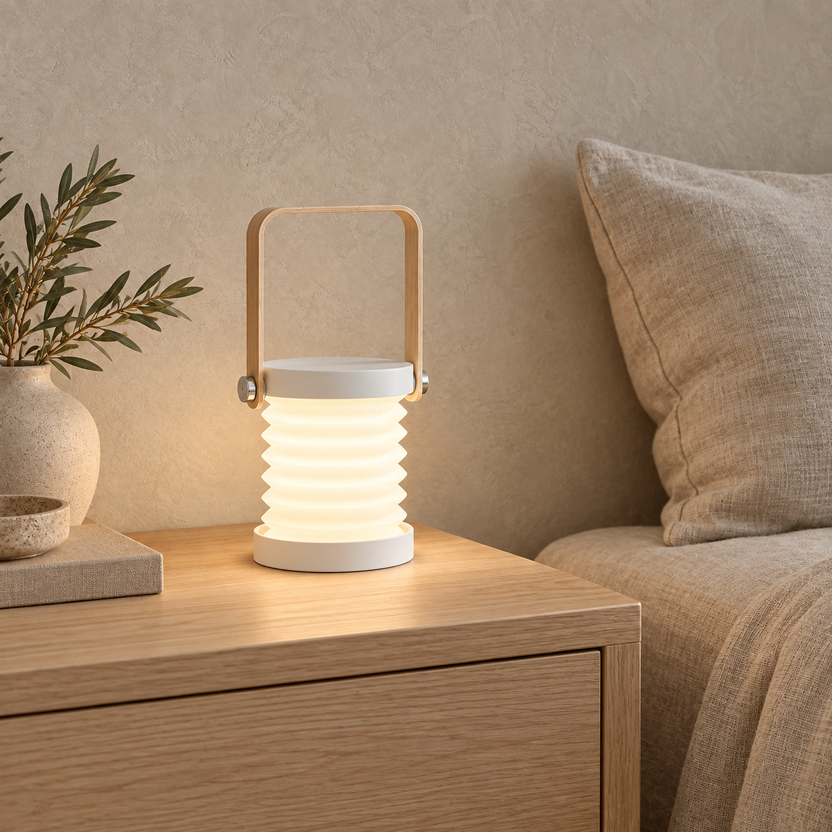 Tovalio white bedside lamp open and glowing beside a daybed during the day