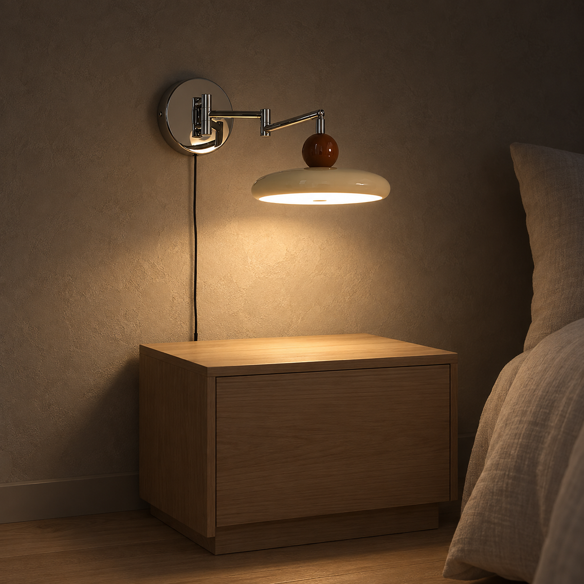 Tovessi beige bedside lamp above a nightstand sending warm light straight down at night