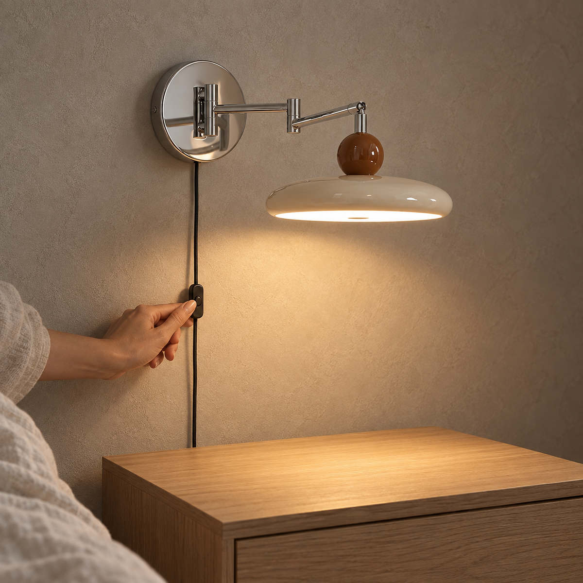 Tovessi beige bedside lamp mounted on the bedroom wall lighting a clear nightstand