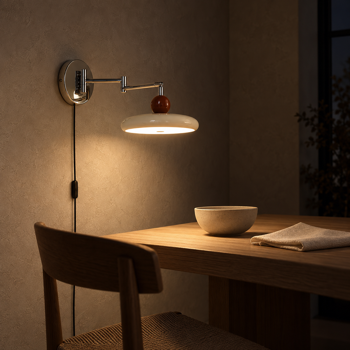 Tovessi beige LED wall sconce casting a warm pool of light onto a dining table at night