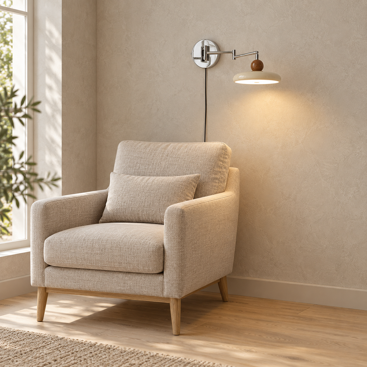 Tovessi beige LED wall sconce lighting an armchair corner in a reading nook in the daytime